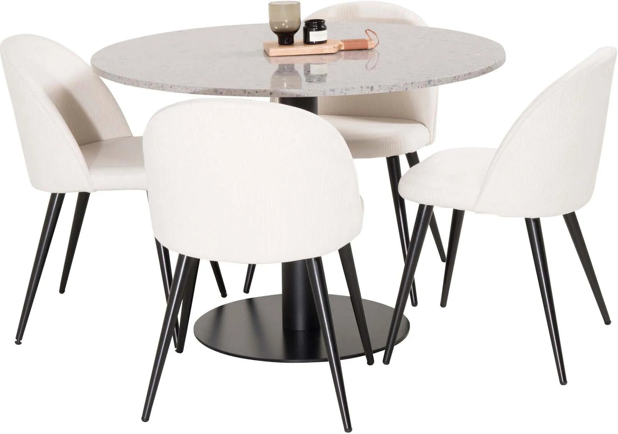 Luxuriöses Razzia Esszimmerset: Velvet-Tisch mit 4 Stühlen, 106cm.