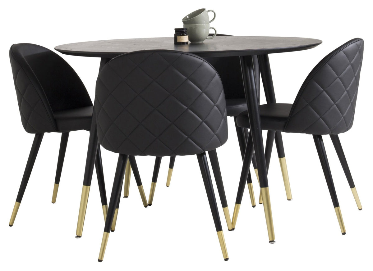 Rundes Dipp Esszimmerset: Esstisch ⌀115 cm mit schwarzem Furnier und schwarzen Beinen, dazu vier Velvet-Stühle mit schwarz-grauem Mikrofaserbezug.