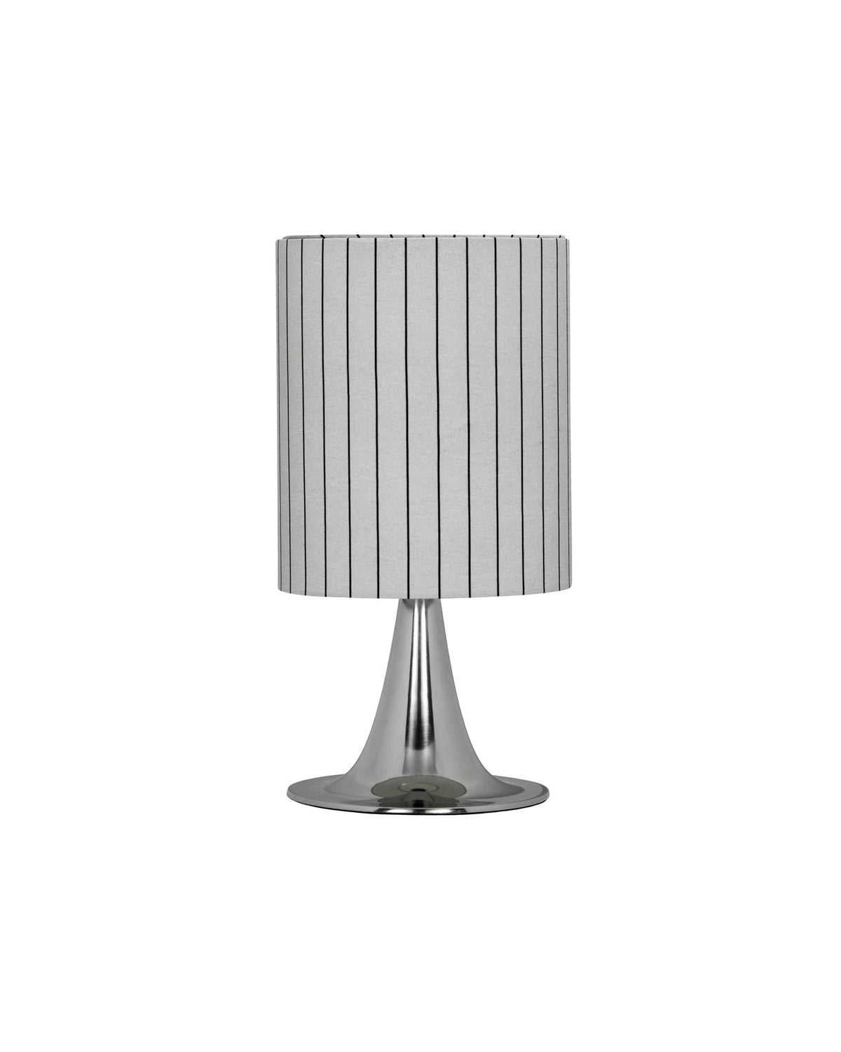Tischleuchte mit Tulpenfuss aus silbernem Aluminium, leinenfarbener Schirm mit schwarzen Streifen
