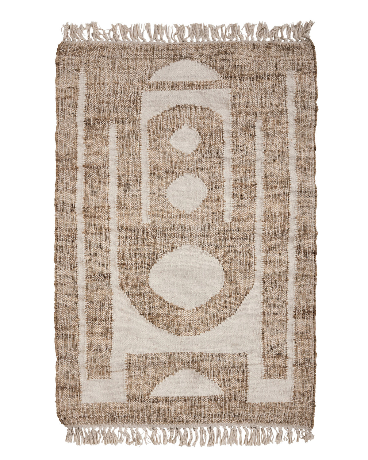 Teppich HDRostro aus Wolle, Jute und Baumwolle in Natur mit Off-White Muster und Fransen