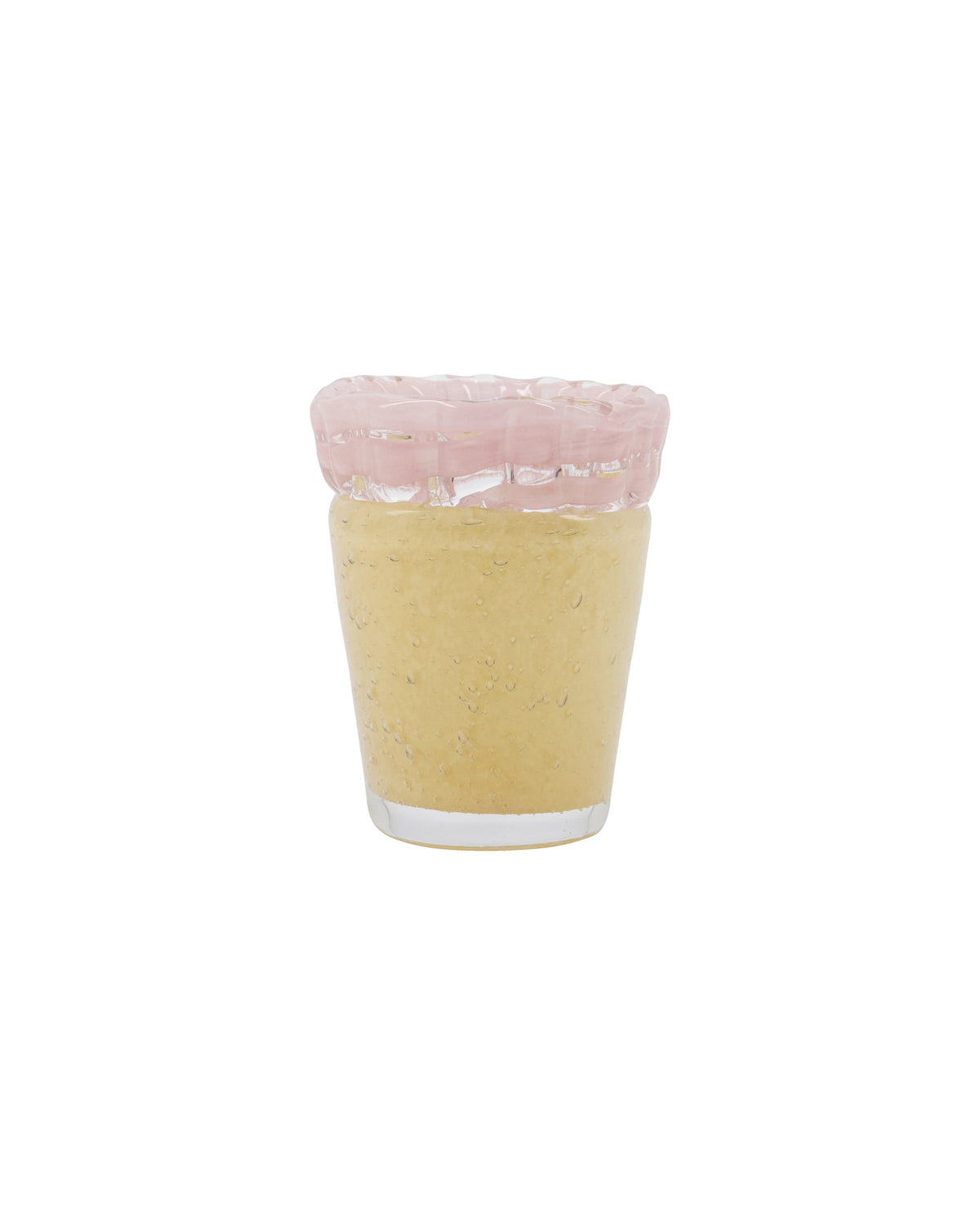 Beige Glasvase HDKupla mit geschwungenem rosa Rand und Blasenstruktur