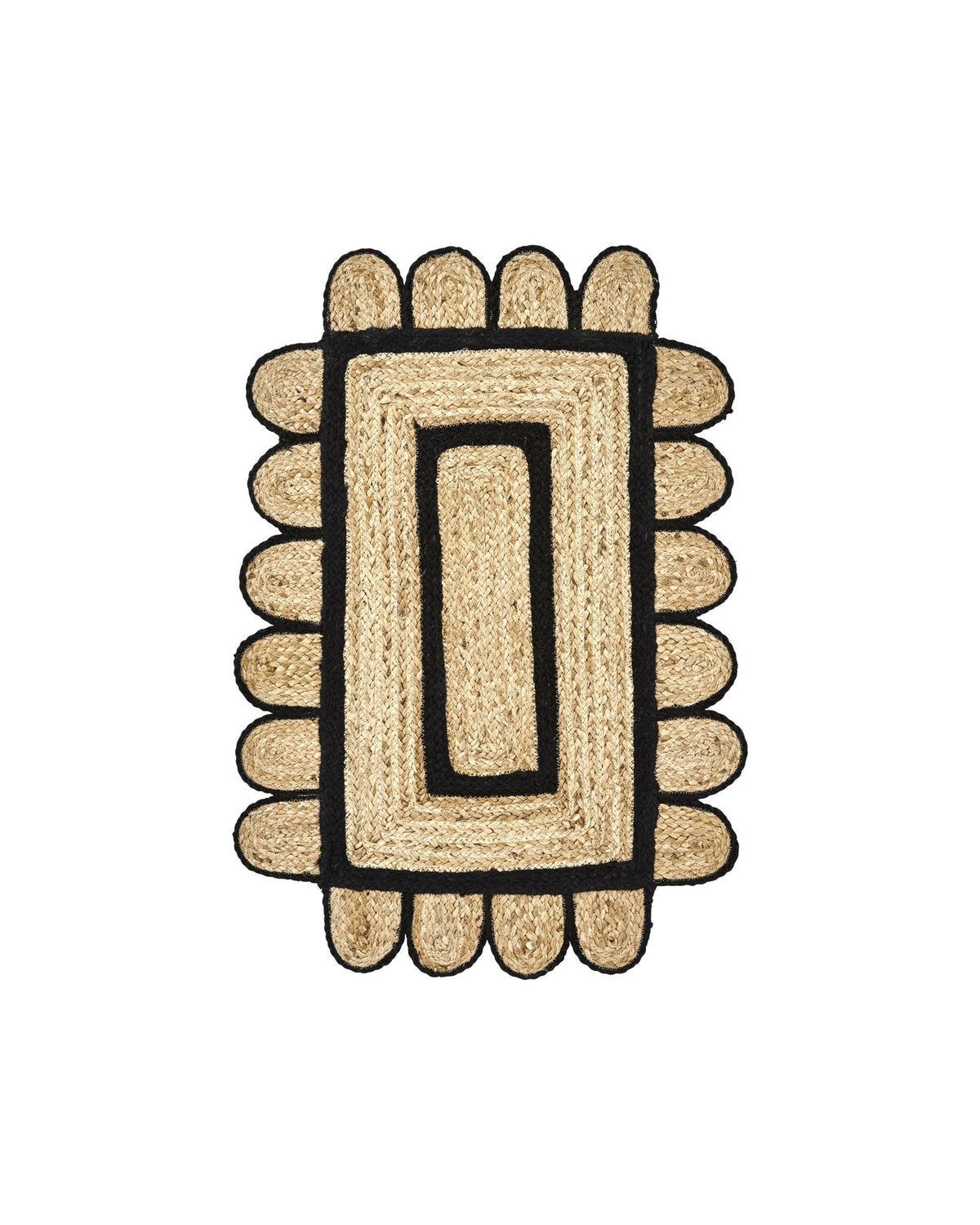Teppich HDDenta aus Jute in Natur mit schwarzem Grafikmuster und geschwungenen Kanten