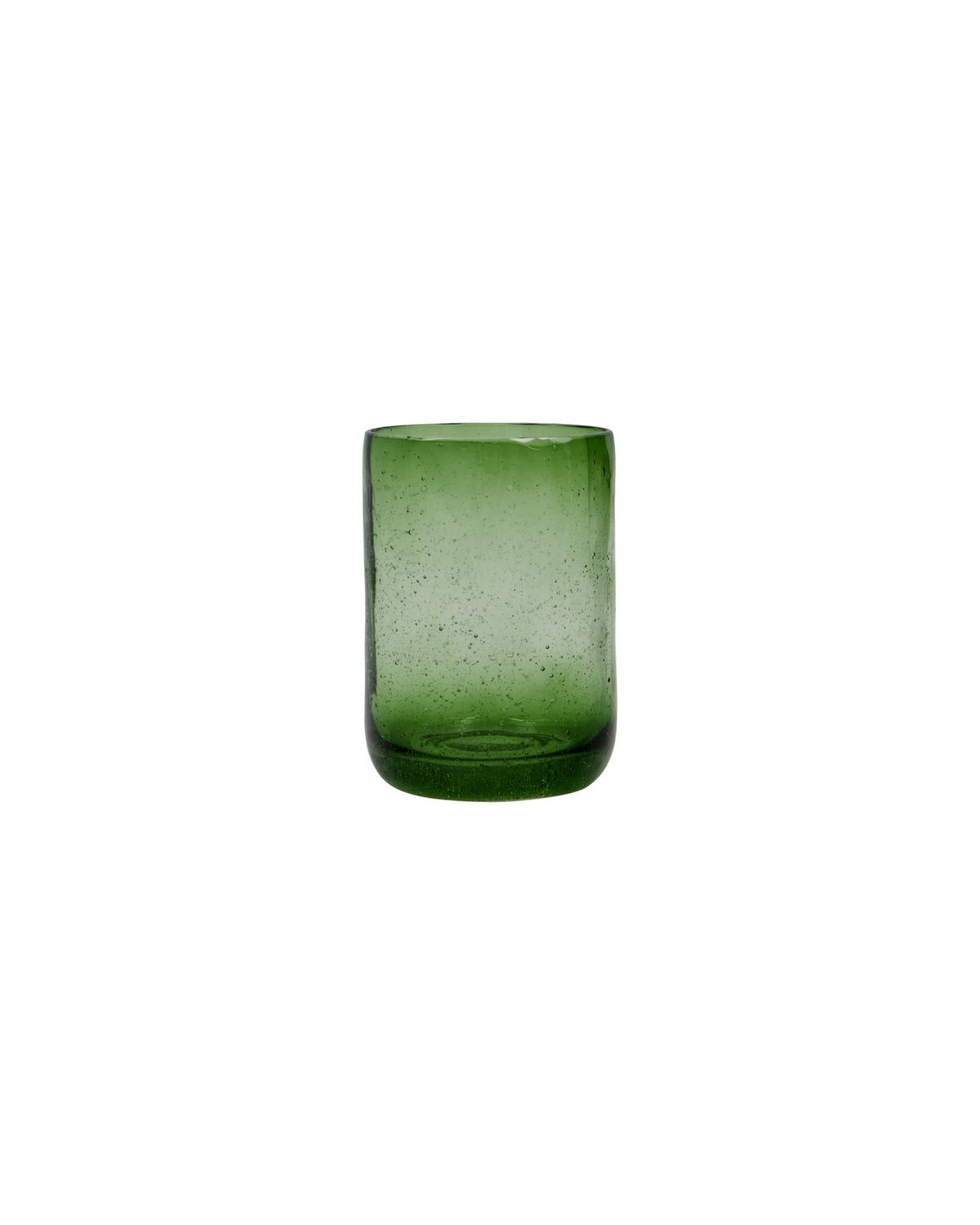 Grüner Zahnputzbecher HDWah aus Glas mit unebener Oberfläche und feinen Luftbläschen