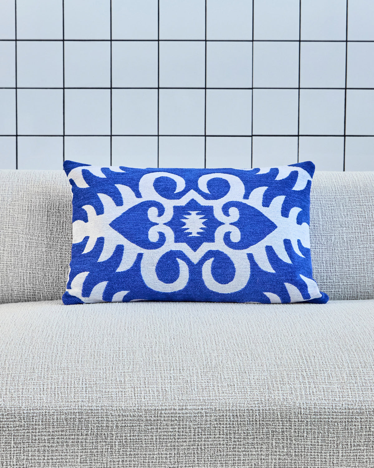 Blauer Kissenbezug HDAmici aus Baumwolle mit off-white Webmuster, rechteckig