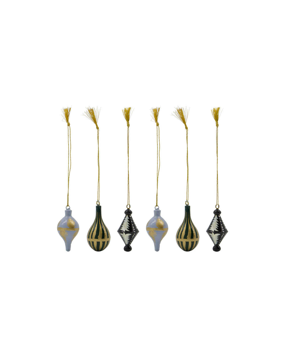 Sechs bemalte Ornamente HDStero aus recyceltem Holz in Schwarz, Weiss, Gold, Blau, Grün