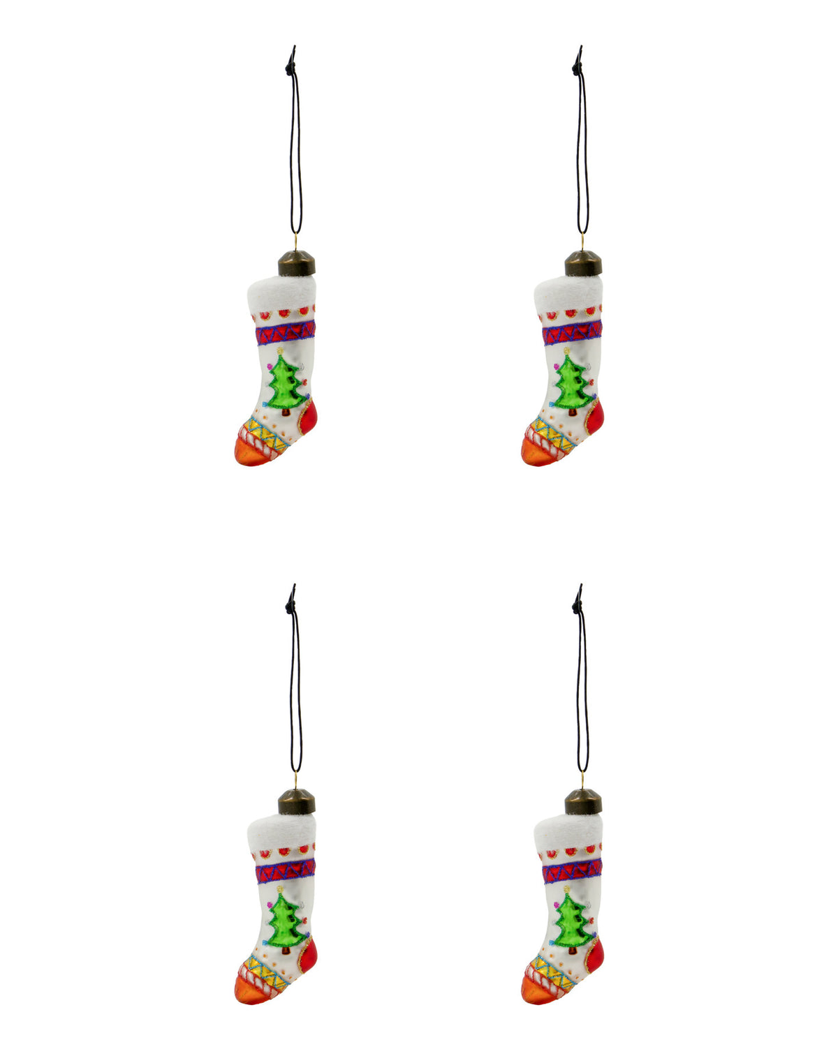 Vier Weihnachtsschmuck-Ornamente HDStok aus Glas in Sockenform, weiss und rot, mit Eisenschlaufe