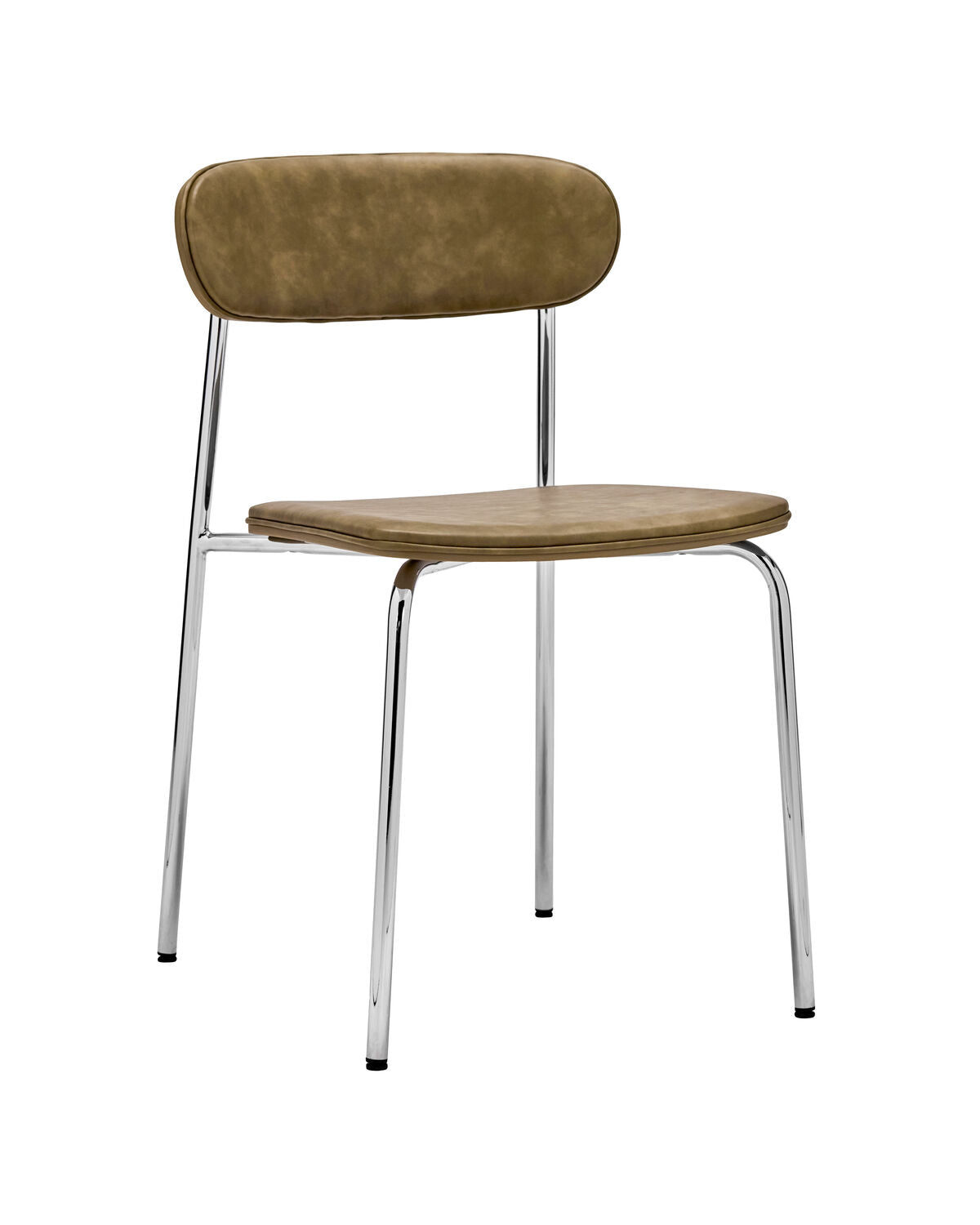 Moderner Stuhl in Khaki mit glänzendem Chromgestell, perfekt für zeitgemäße Einrichtung und geschmackvolle Akzente in jedem Raum.