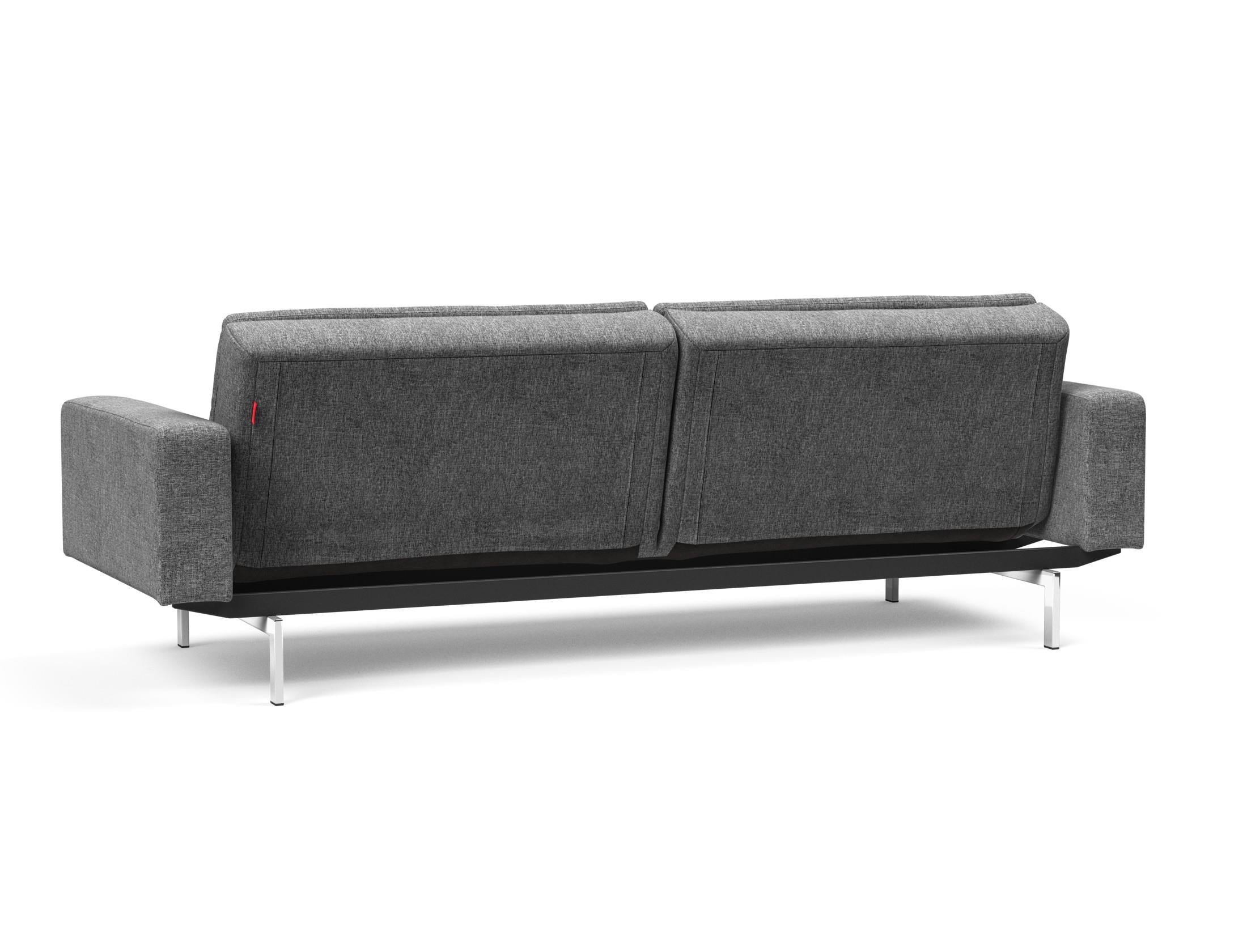 Das Dublexo Chrom Schlafsofa 115 mit Armlehnen bietet stilvolle Vielseitigkeit und Komfort, perfekt für moderne Wohnräume und Übernachtungsgäste.