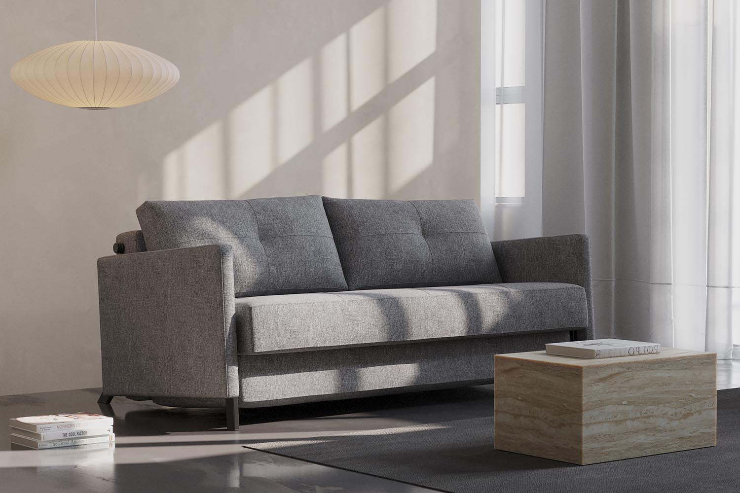 Erleben Sie das Cubed Klappsofa 140 von Innovation Living – ein elegantes, multifunktionales Möbelstück, das sich mühelos in ein bequemes Bett verwandelt.
