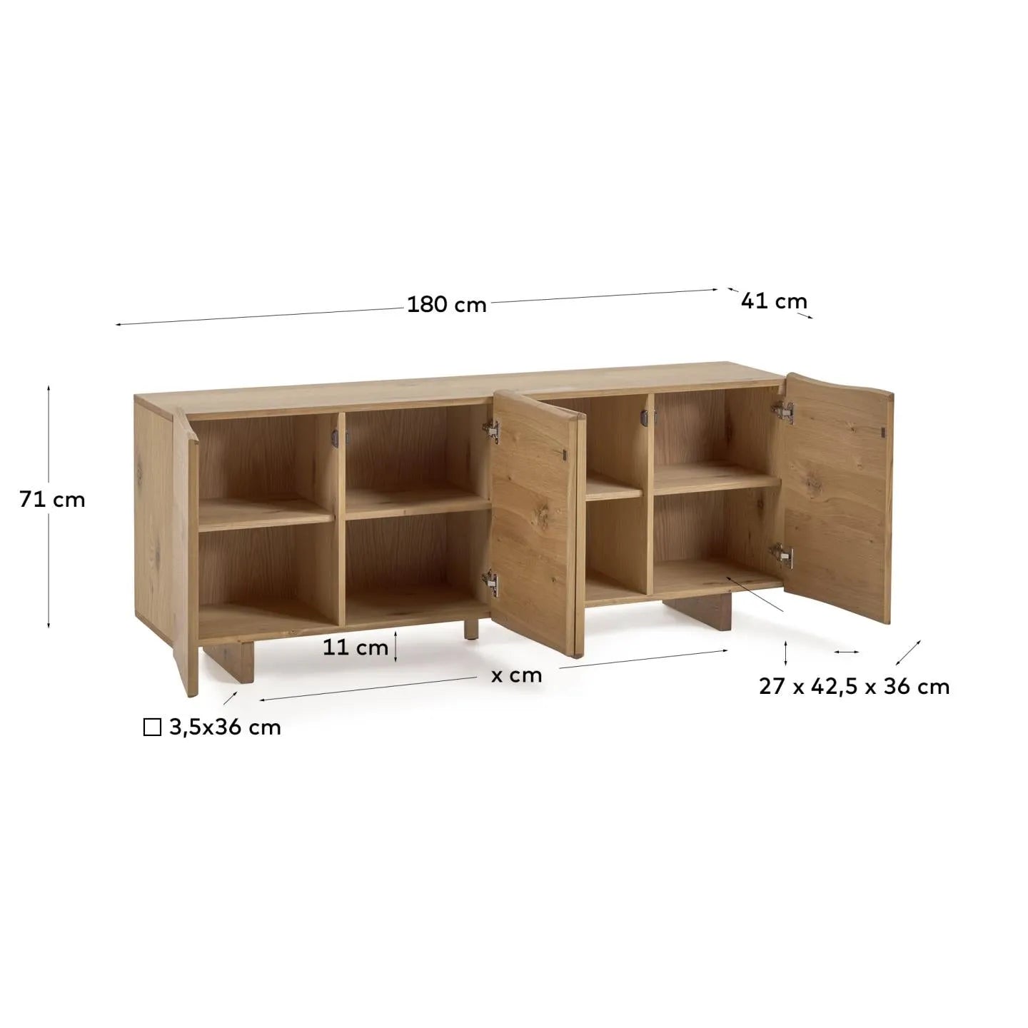 Elegantes Sideboard aus Eichenfurnier, 180x71 cm, mit natürlichem Finish und vier Türen für stilvollen Stauraum.
