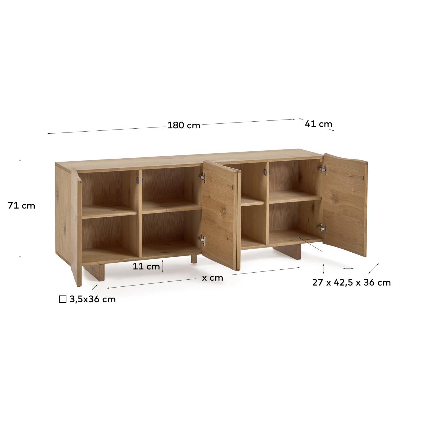 Elegantes Rasha Sideboard aus Eichenfurnier, 180 x 71 cm. Vier Türen bieten großzügigen Stauraum, während das natürliche Finish die Holzstruktur hervorhebt.