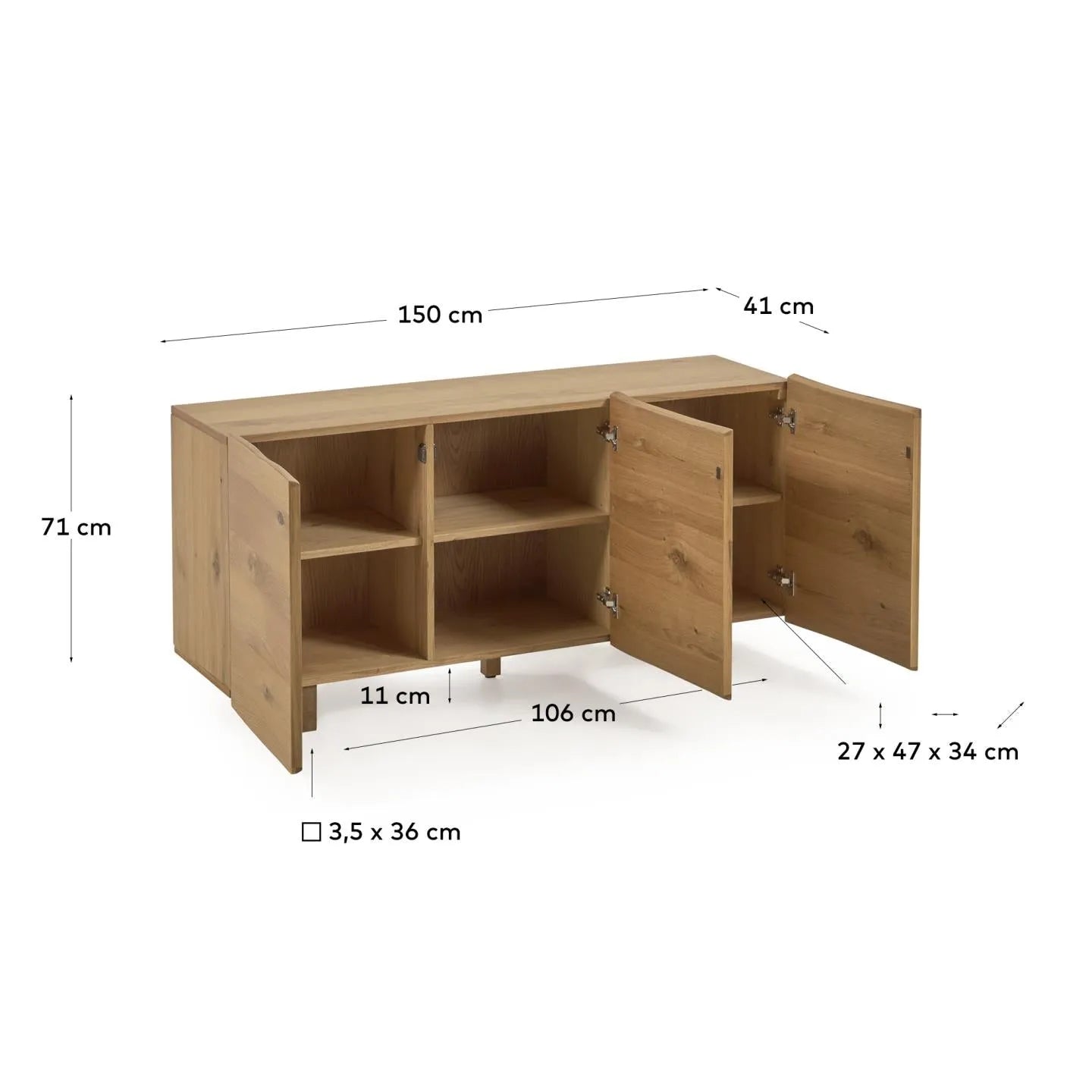 Elegantes Sideboard aus Eichenfurnier, 150x71 cm, mit natürlichem Finish und modernem Design für stilvollen Stauraum.