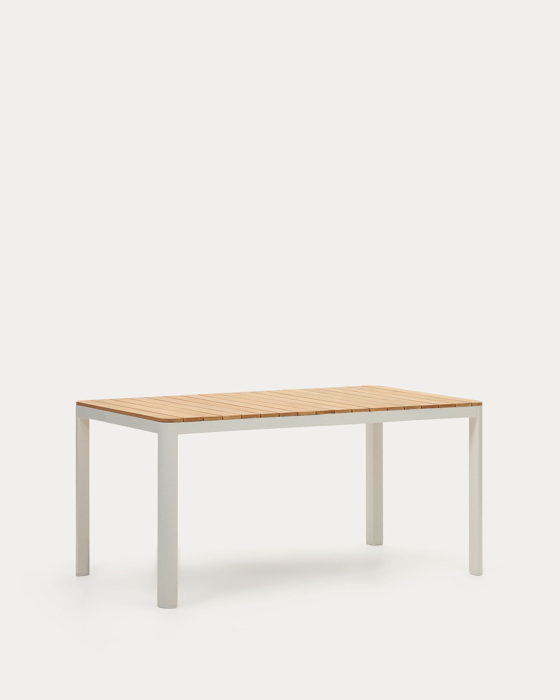 Moderner Outdoor-Tisch aus massivem Teakholz und weißem Aluminium, 160x90 cm, ideal für Garten, Terrasse, wetterfest und stilvoll.