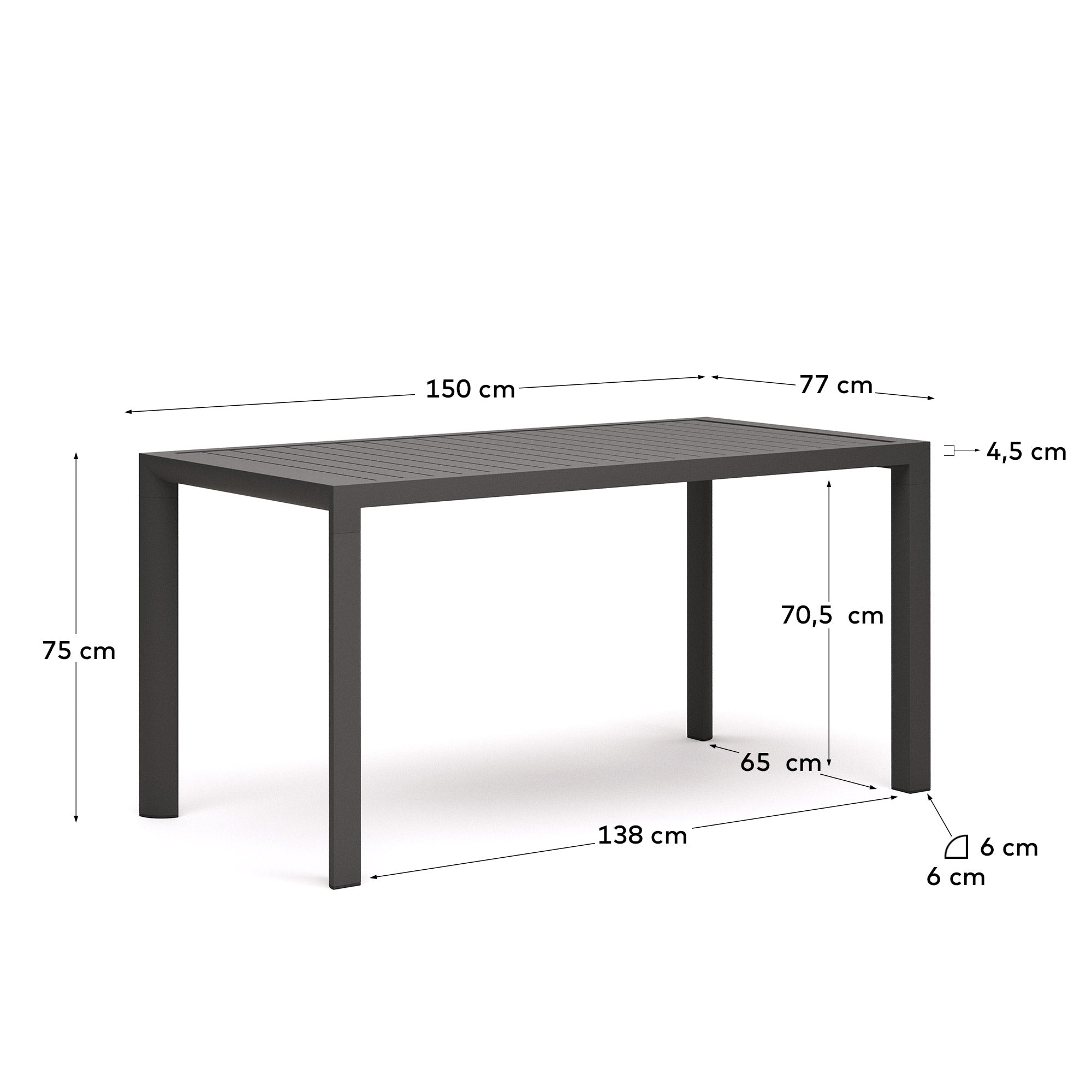 Eleganter Gartentisch aus Aluminium, graues Finish, Maße 150 x 77 cm, perfekt für moderne Außenbereiche, von Kave Home.