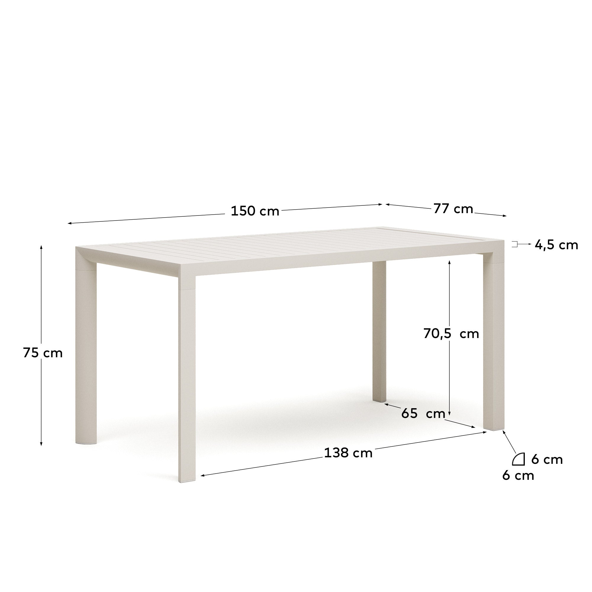 Moderner Gartentisch aus robustem Aluminium, 150 x 77 cm, mit elegantem weißen Finish – ideal für entspannte Stunden im Freien.