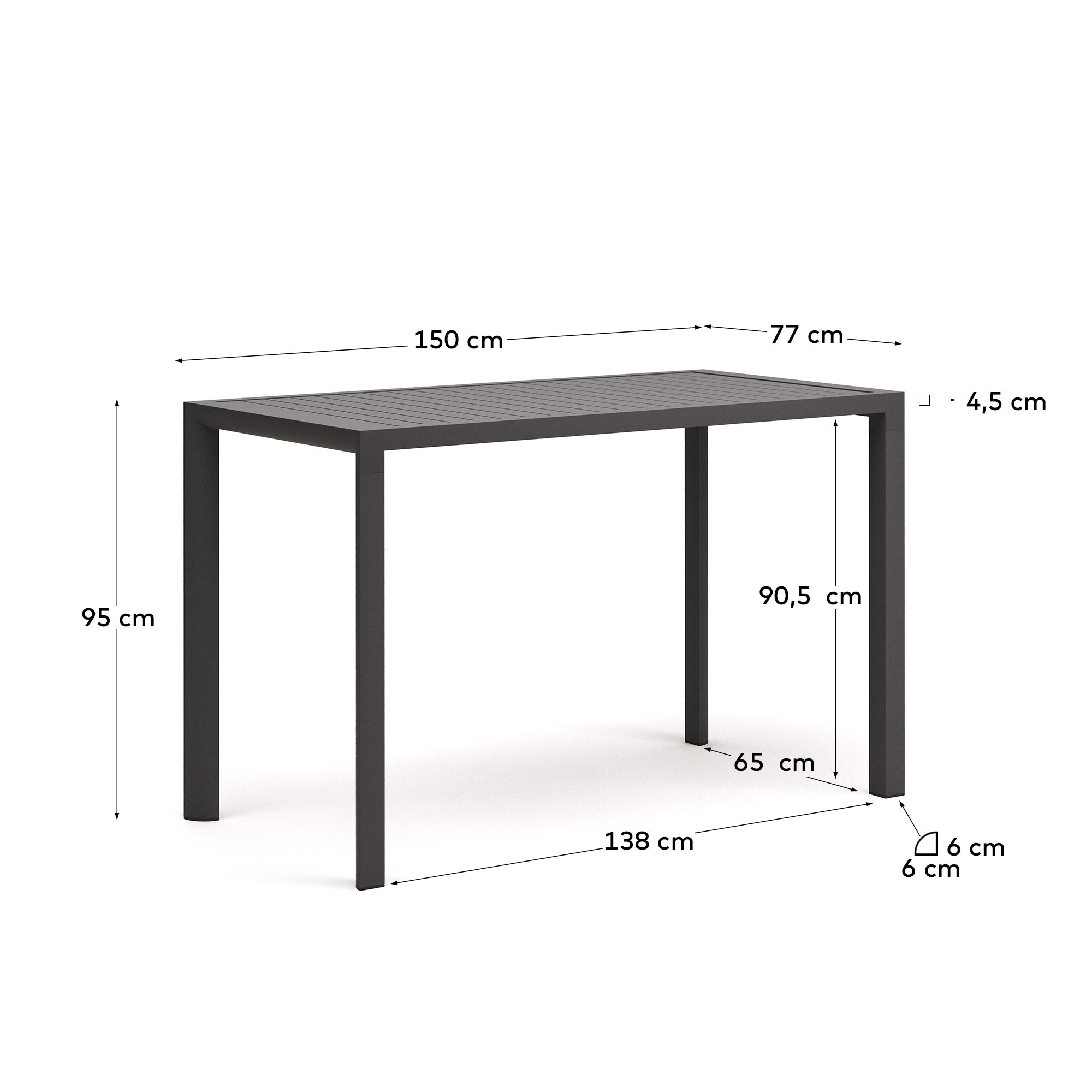 Moderner Gartenstehtisch aus Aluminium, graues Finish, Maße 150x77 cm, ideal für stilvolle Außenbereiche, von Kave Home.