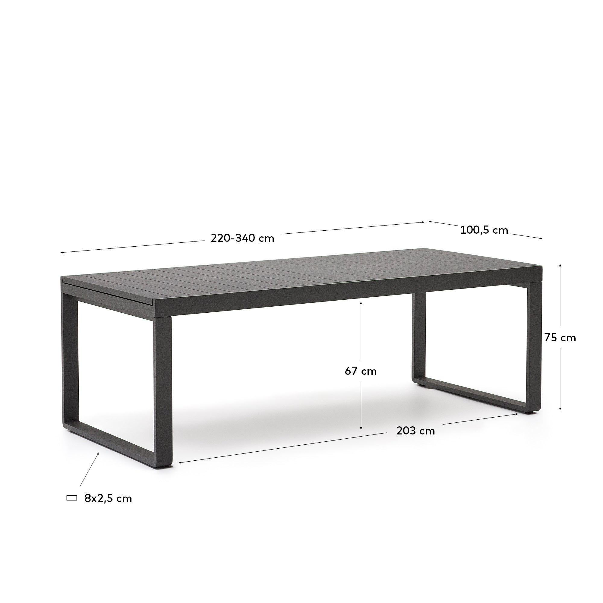 Moderner ausziehbarer Gartentisch aus Aluminium in Dunkelgrau, 220-340 cm, perfekt für stilvolle Außenbereiche und gesellige Treffen.
