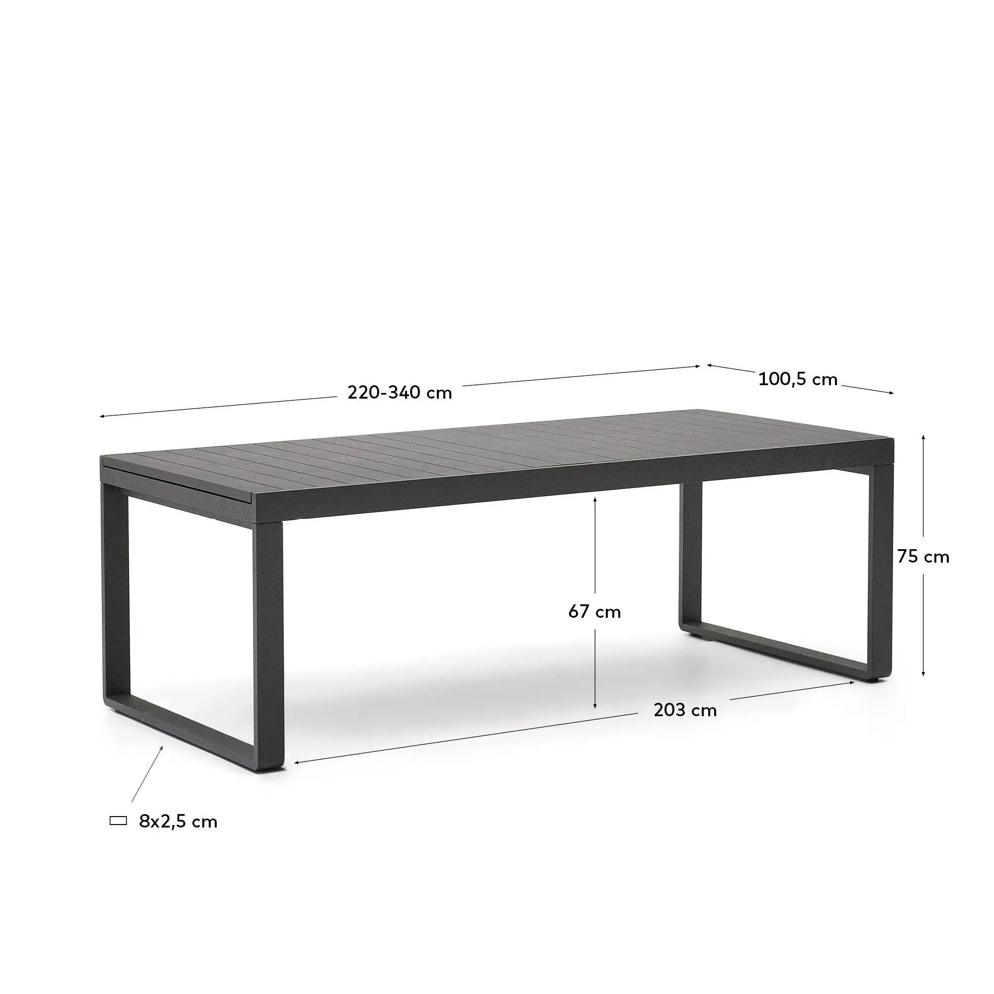 Moderner ausziehbarer Gartentisch aus Aluminium in Dunkelgrau, 220-340 cm, perfekt für stilvolle Außenbereiche und gesellige Treffen.