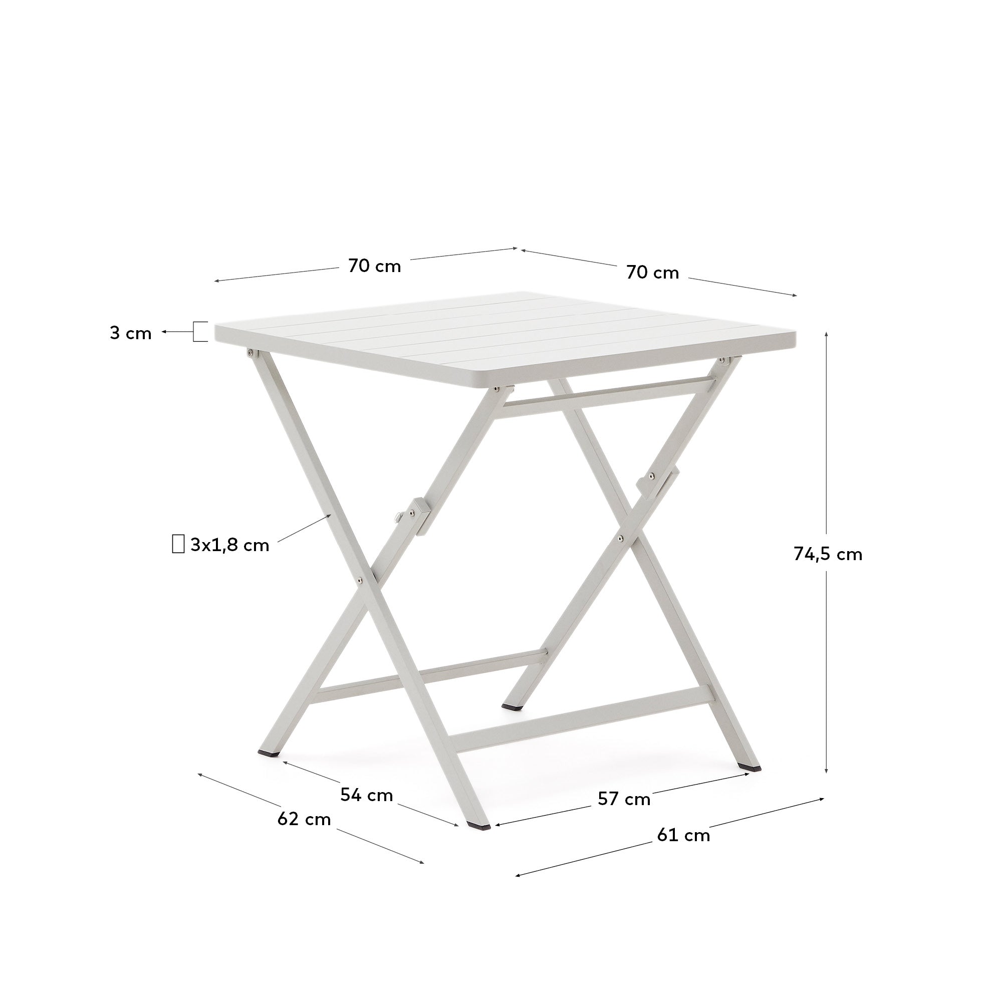 Faltbarer Gartentisch Torreta aus Aluminium, hellgrau, 70x70 cm, perfekt für moderne Außenbereiche, von Kave Home.