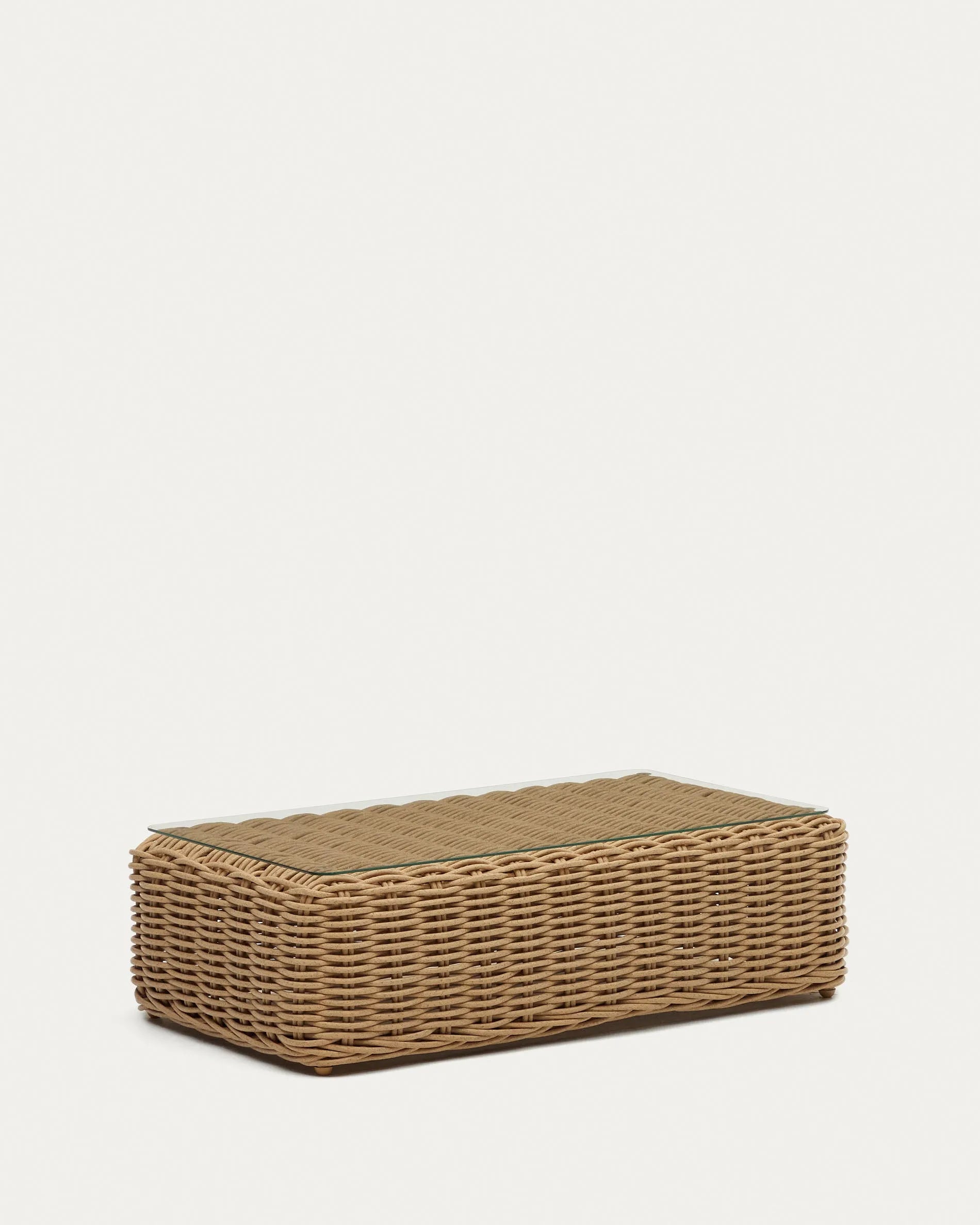 Eleganter Outdoor-Couchtisch aus Kunstrattan, 110x60 cm, robust und stilvoll für Garten oder Terrasse.