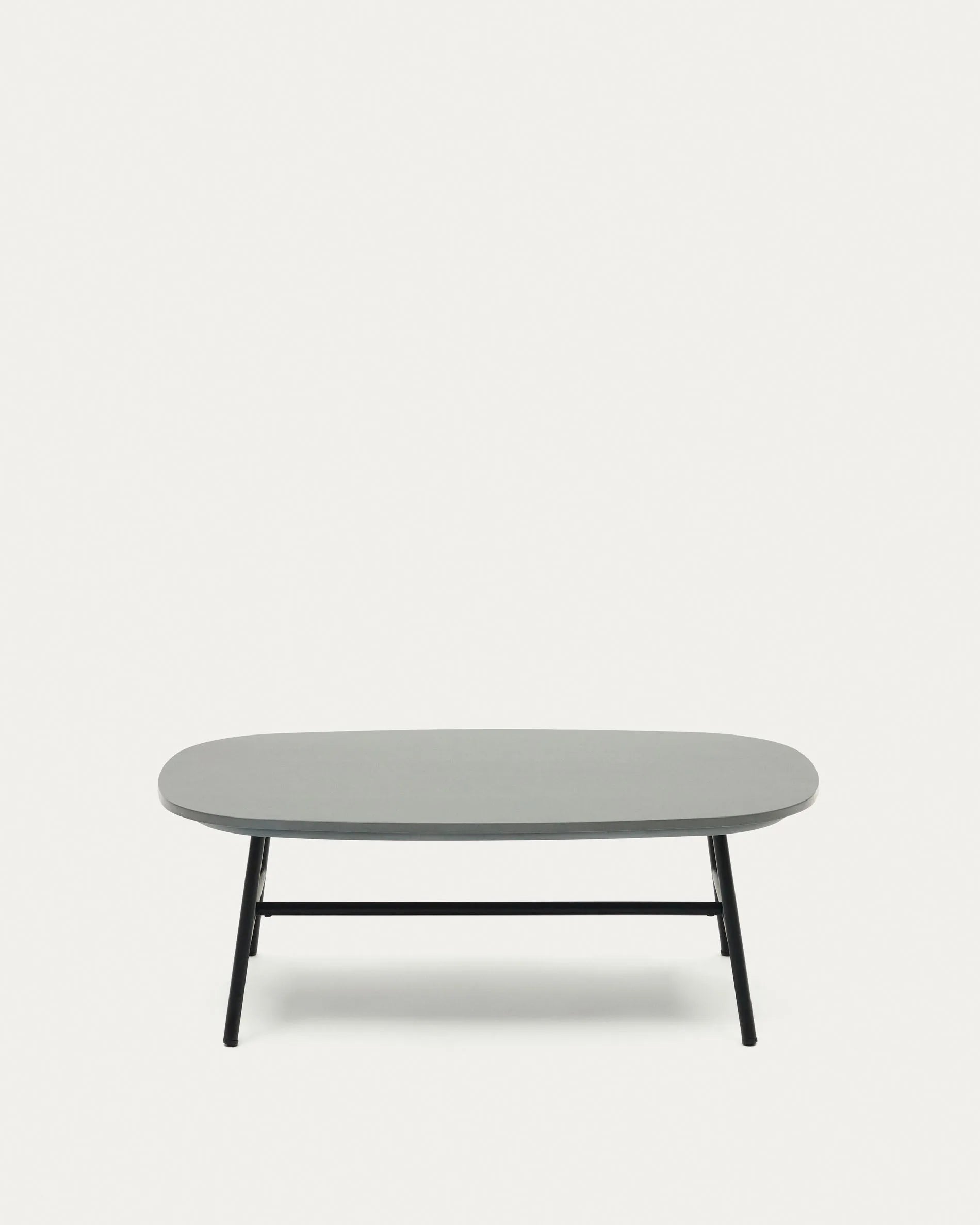 Eleganter Couchtisch aus Stahl und Holz, ideal für Terrassen. Robustes Design mit schwarzem Finish, 100 x 60 cm.