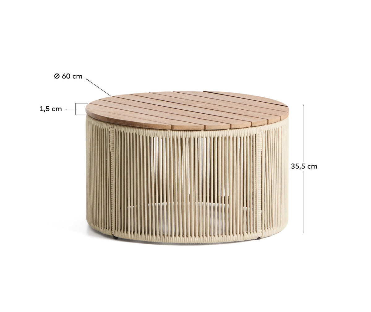Runder Couchtisch mit Stahlgestell, ecrufarbenem Seilgeflecht und massiver Akazienholz-Tischplatte, Durchmesser 60 cm, Höhe 35 cm.