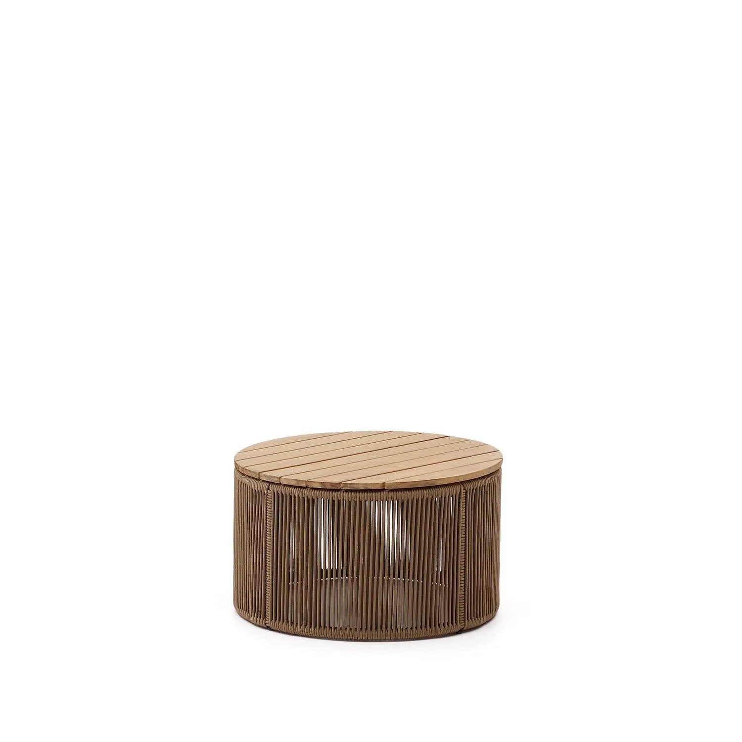 Eleganter Couchtisch Dandara: Stahl, Akazienholz, beiges Flechtwerk, Ø60 cm, FSC-zertifiziert, für drinnen & draußen.