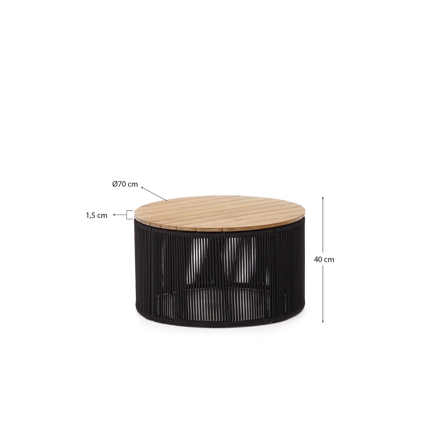 Eleganter Couchtisch Dandara Ø70 cm aus strapazierfähigem Stahl und edlem Akazienholz, ideal für drinnen und draußen.