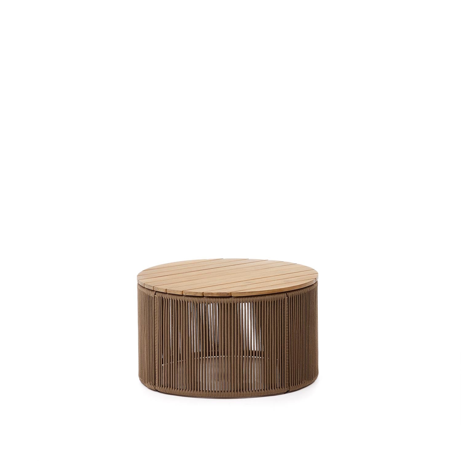 Eleganter Couchtisch Dandara: Stahl, Akazienholz, beiges Flechtwerk, Ø70 cm, FSC 100%. Ideal für drinnen & draußen.