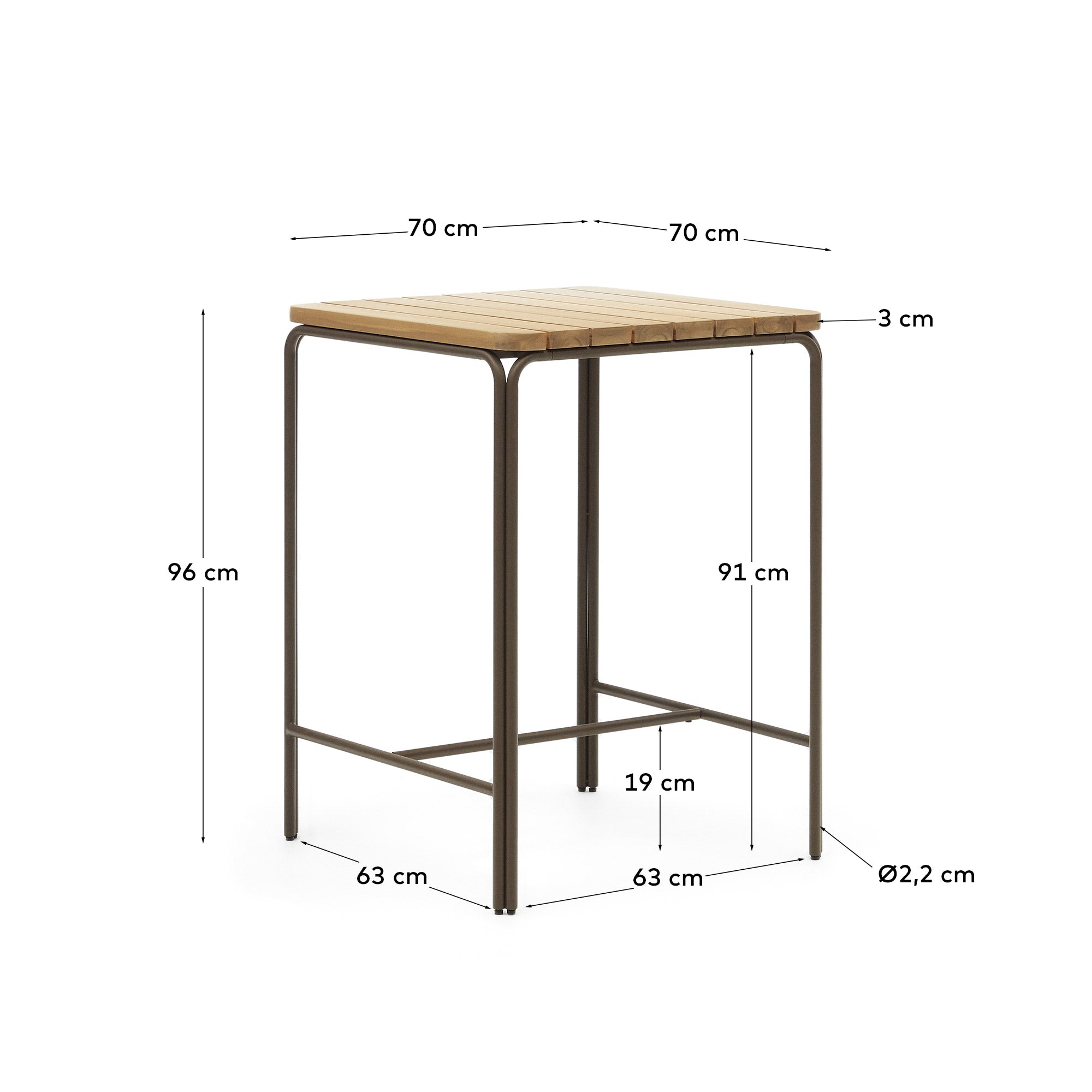 Eleganter Outdoor-Hochtisch aus FSC-zertifiziertem Akazienholz und robustem Stahl, 70x70 cm, ideal für moderne Außenbereiche.