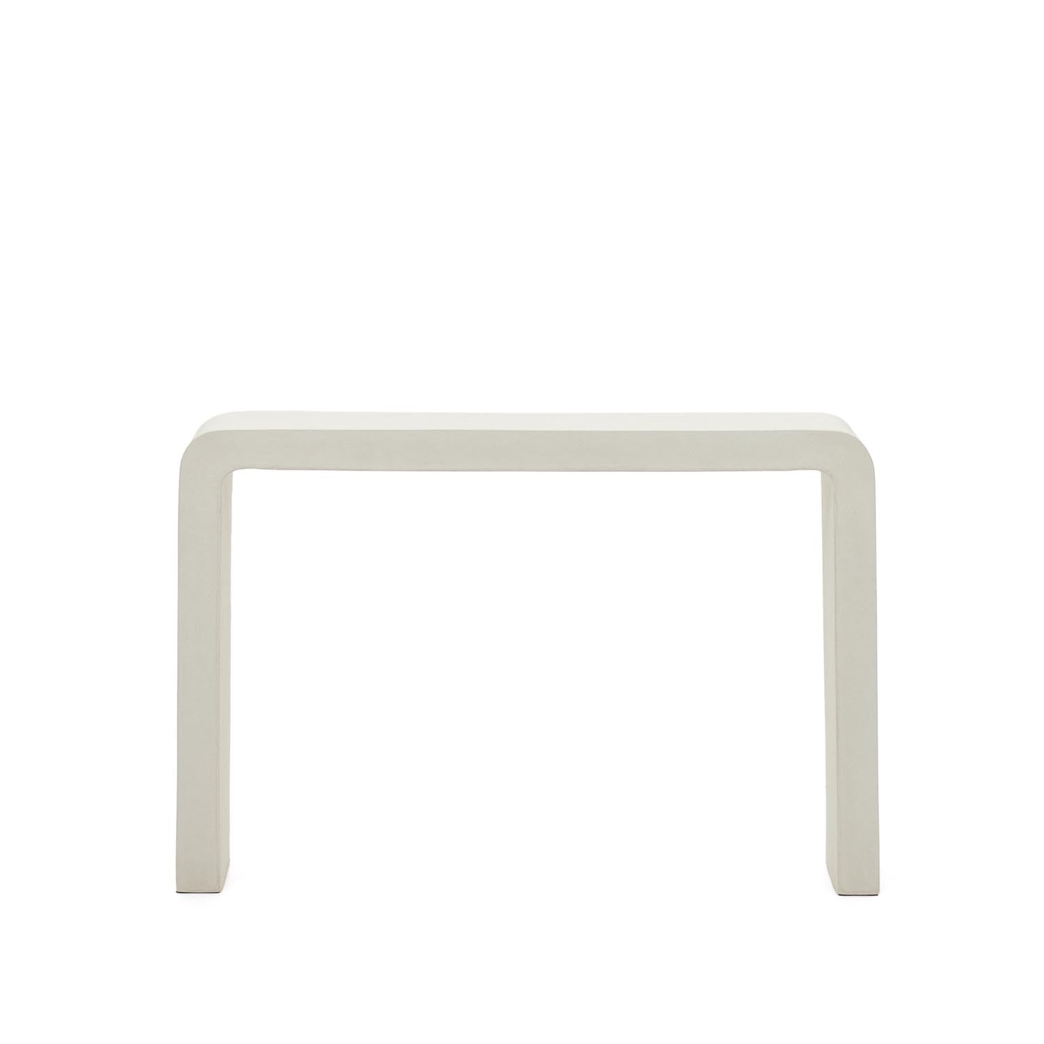 Elegante weiße Zementkonsole von Kave Home, 120x80 cm, wetterfest, ideal für moderne Gärten und gesellige Runden.