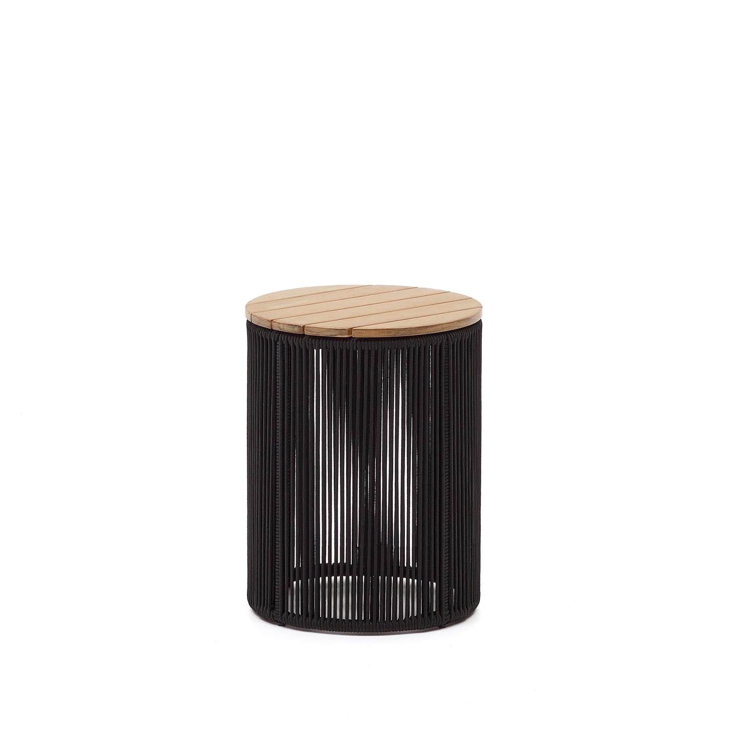 Entdecken Sie den stilvollen Couchtisch Dandara aus Stahl und Akazienholz. Ideal für Wohnzimmer und Terrasse, Ø40 cm, FSC-zertifiziert.
