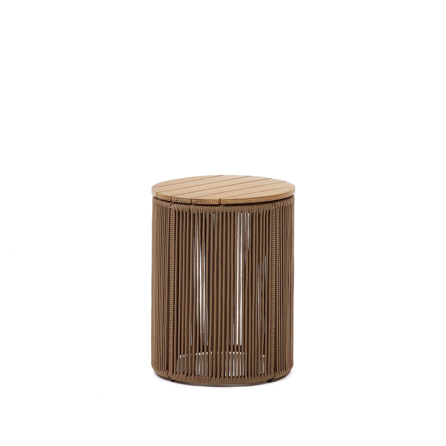 Eleganter Couchtisch Dandara: Stahl, Akazienholz, beiges Flechtwerk, Ø40 cm, FSC-zertifiziert, für drinnen & draußen.