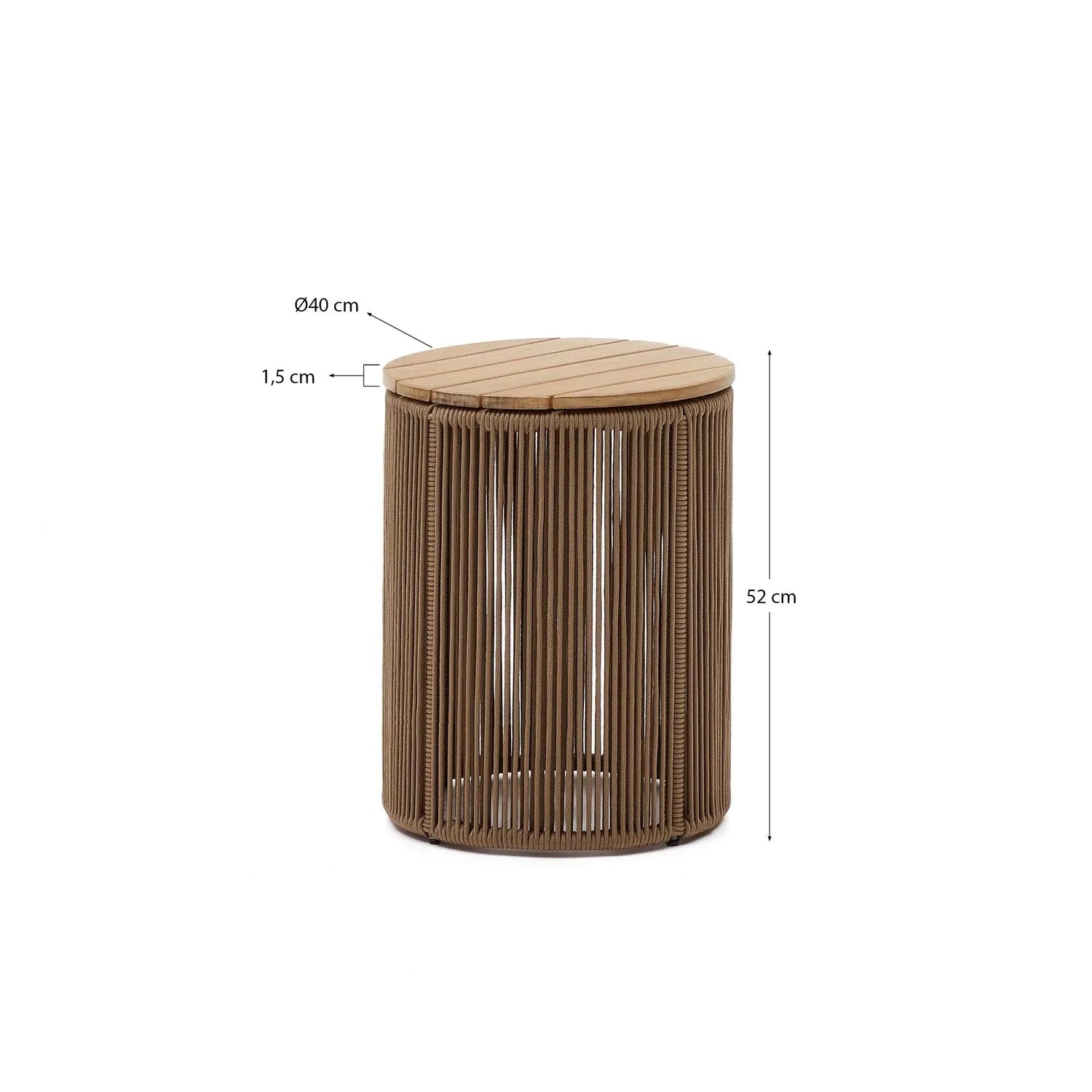 Moderner Couchtisch Dandara: Stahl, Flechtwerk & Akazienholz Ø40 cm.
