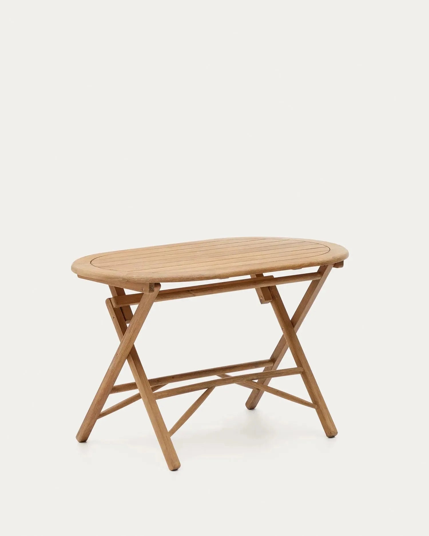 Klapptisch Dandara aus Akazienholz, Ø 120 x 60 cm, FSC-zertifiziert, in Naturoptik. Praktisch, stilvoll und nachhaltig.