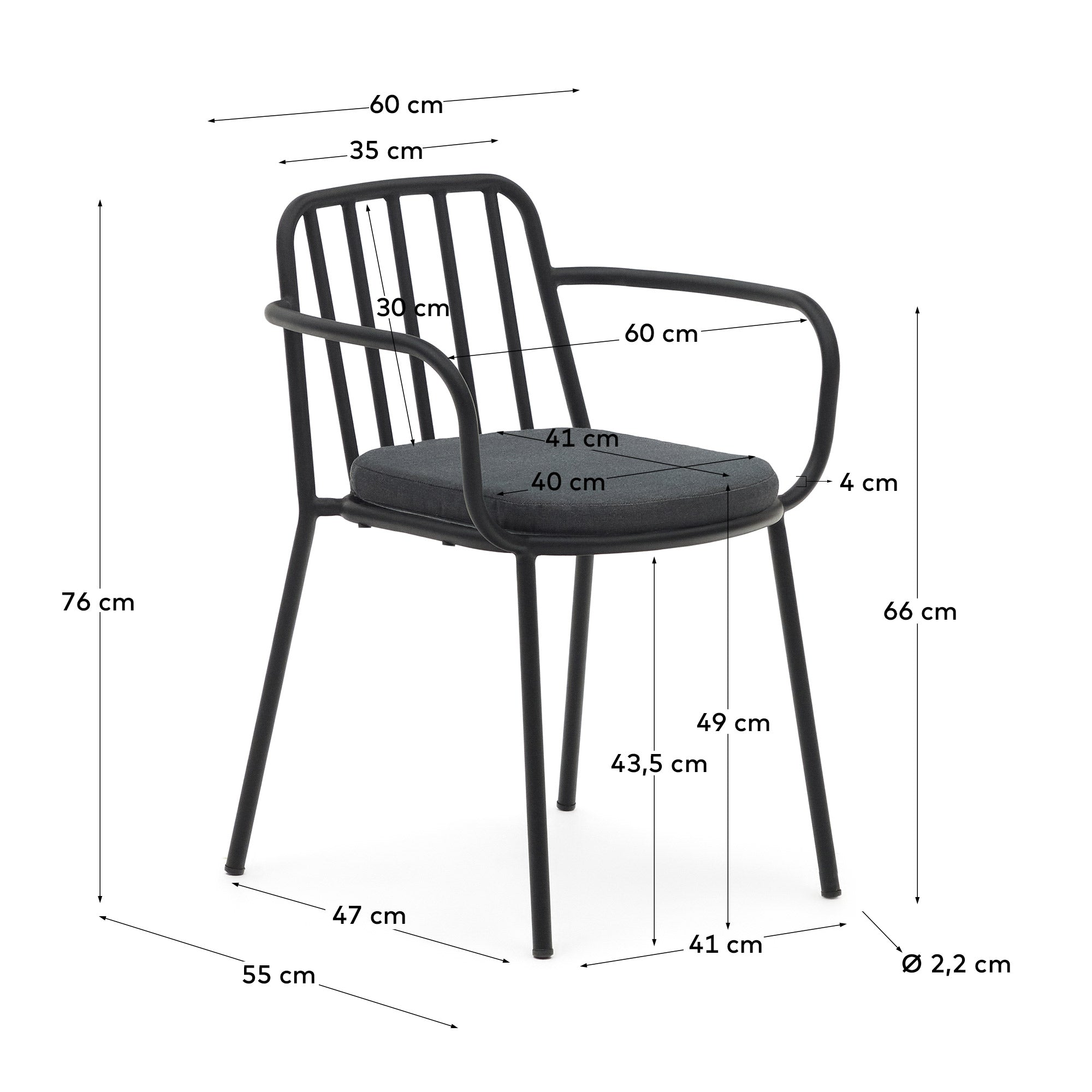 Eleganter Bramant Stuhl aus hochwertigem Stahl mit schwarzem Finish, perfekt für stilvolle Außenbereiche. Stapelbar und wetterfest für maximale Flexibilität.