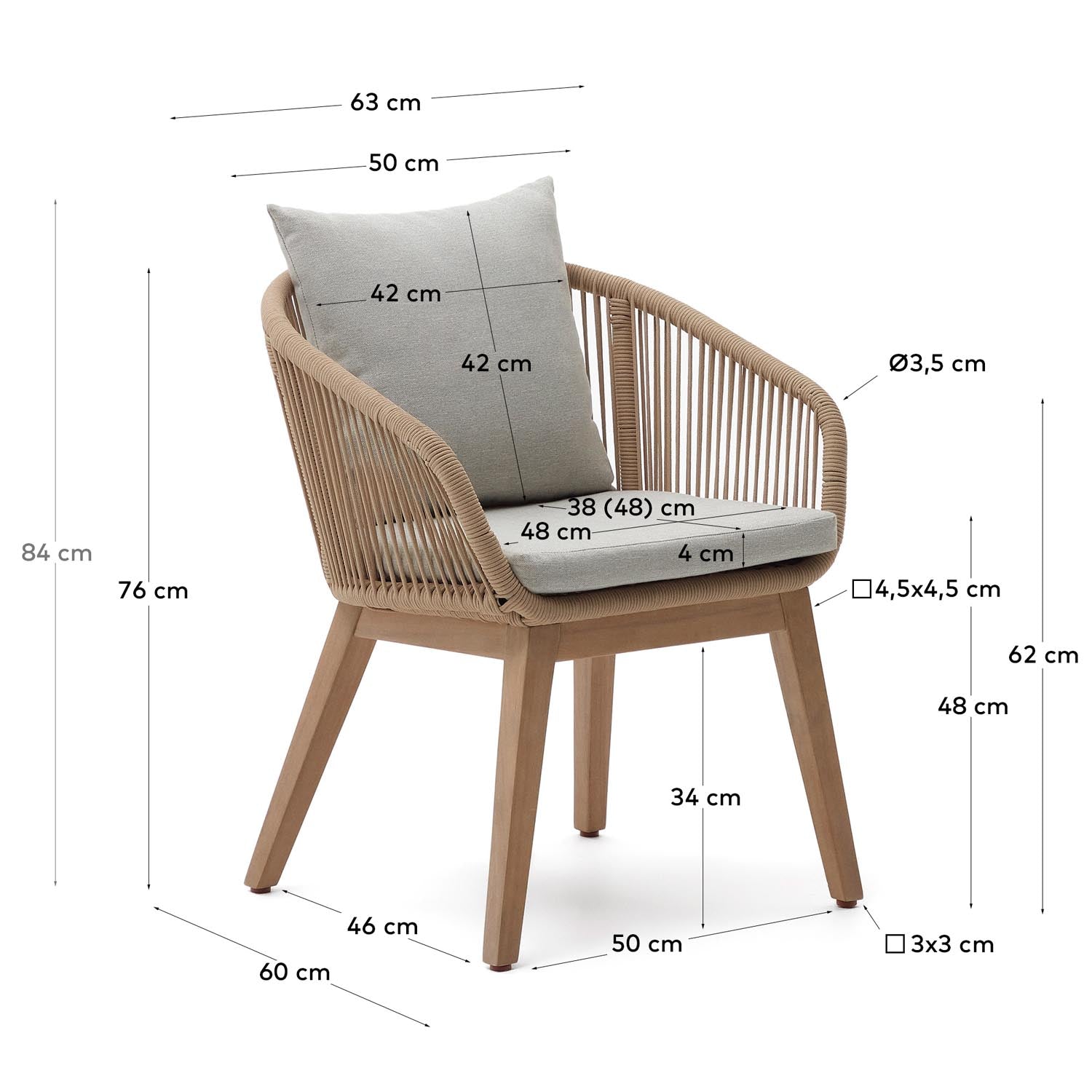 Beige Portalo Stuhl aus robustem Seil und FSC-zertifiziertem Akazienholz. Ideal für Garten, Terrasse und Balkon – stilvoll und bequem.
