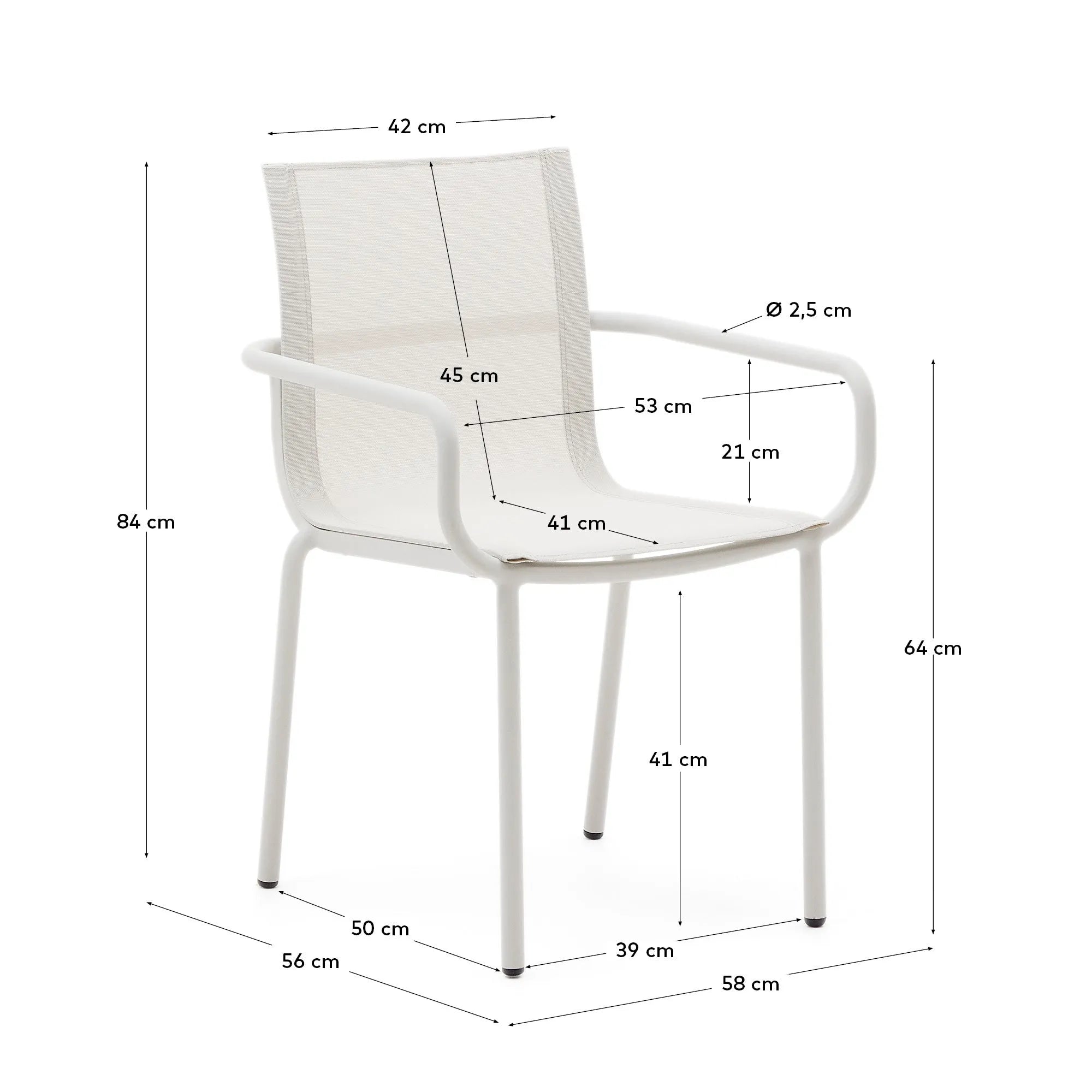 Eleganter, stapelbarer Gartenstuhl aus Aluminium mit hellgrauem Finish, ideal für stilvolle und platzsparende Außenbereiche.
