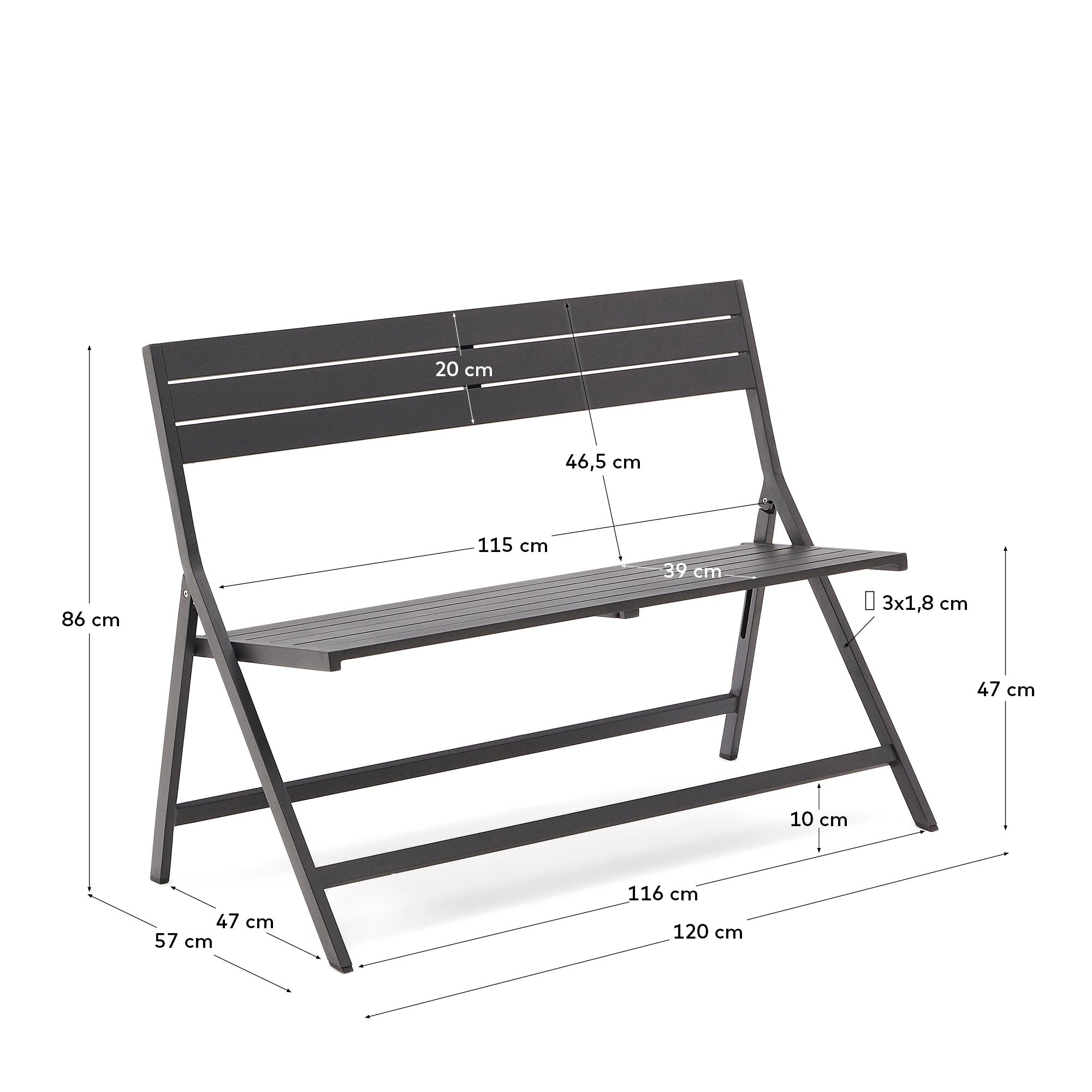 Entdecken Sie die elegante, faltbare Gartenbank Torreta von Kave Home aus leichtem Aluminium mit stilvollem dunkelgrauem Finish – perfekt für jeden Außenbereich!