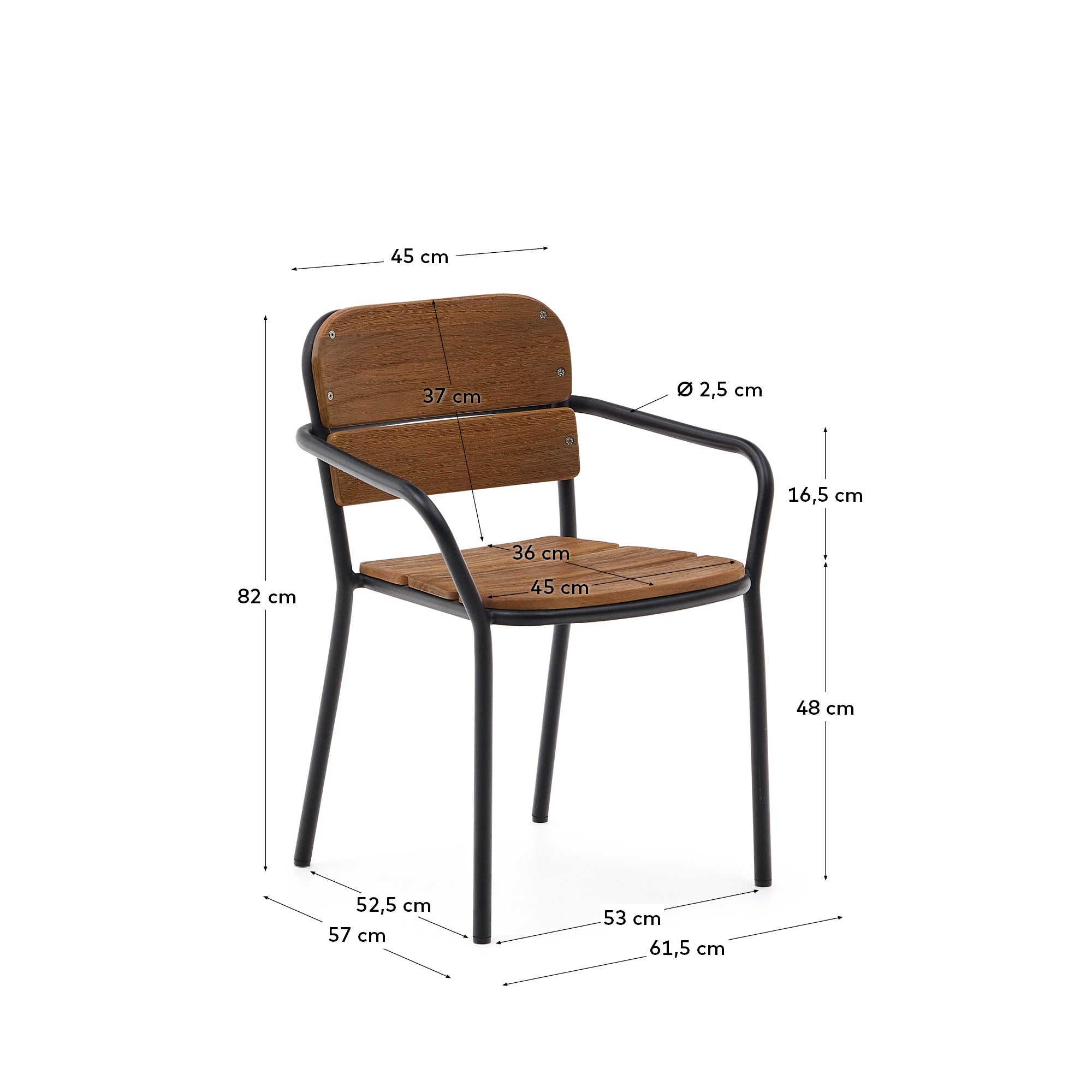 Stilvoller Algueret Stuhl aus massivem Eukalyptusholz mit natürlichem Finish und schwarzem Aluminium, perfekt für zeitgemäße Räume.