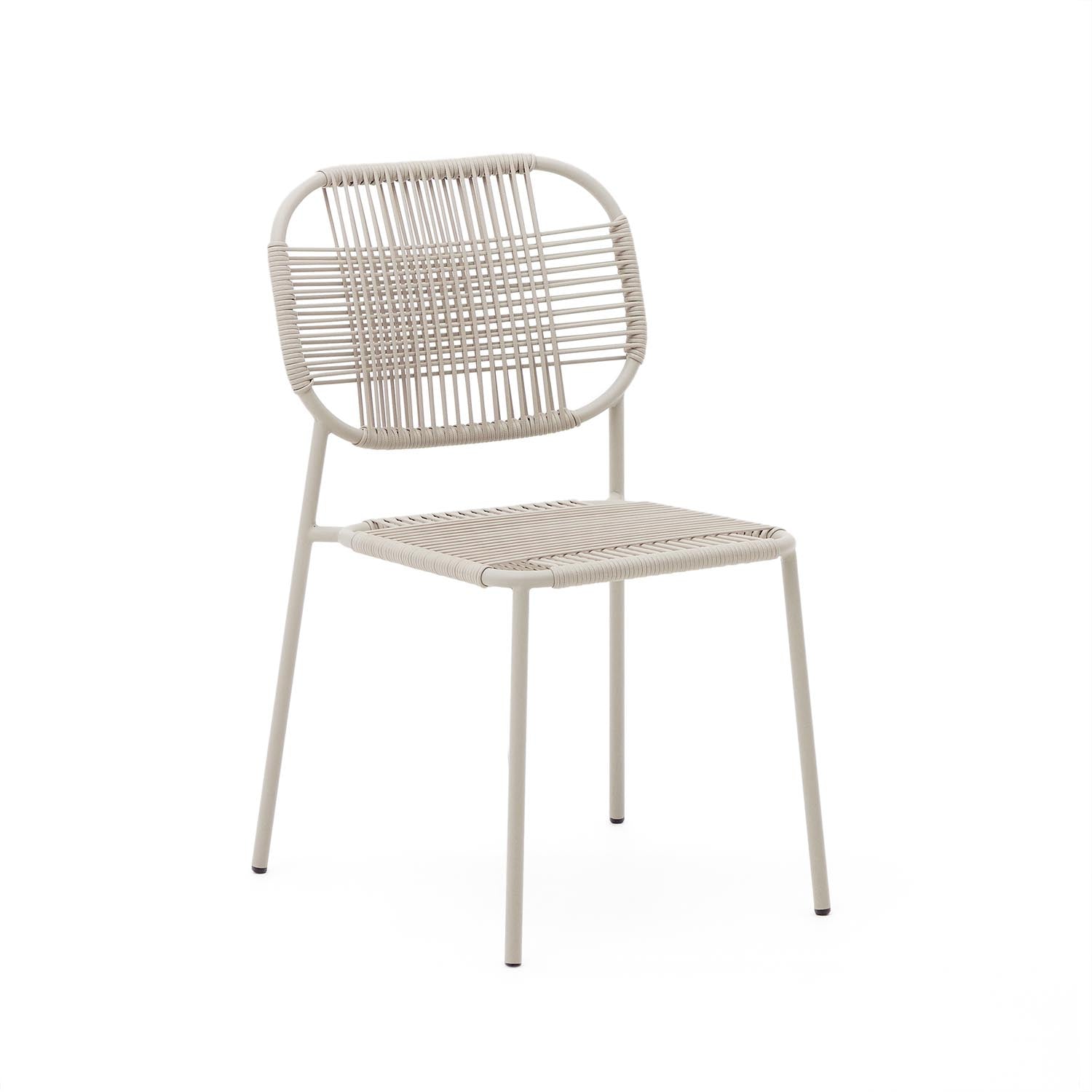 Eleganter, stapelbarer Talaier Outdoor Stuhl aus synthetischem Seil und verzinktem Stahl, ideal für Garten und Balkon.
