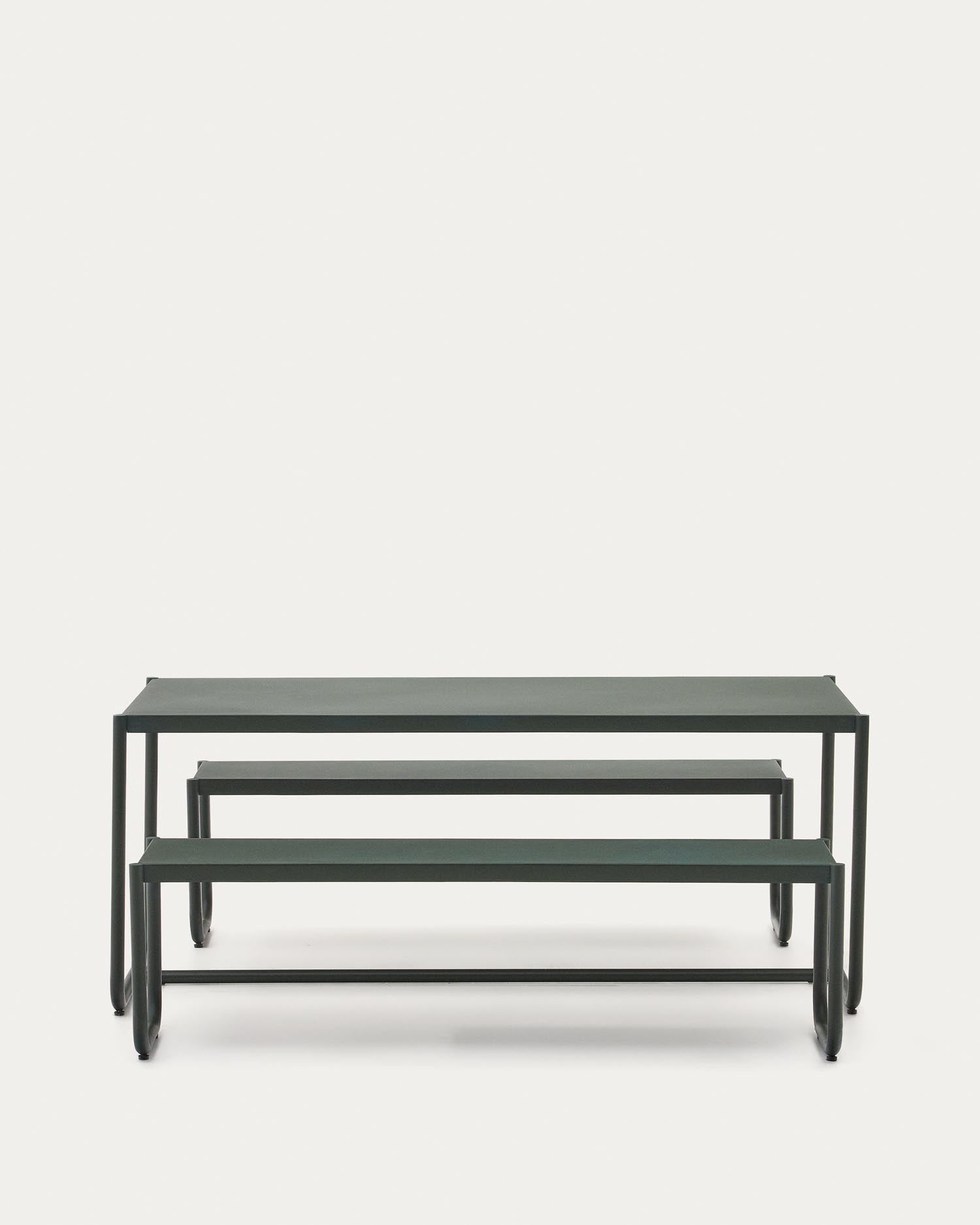 Sotil Set: Elegantes Set aus Tisch und 2 Bänken, grün verzinkter Stahl, 183x83 cm, perfekt für moderne Außenbereiche.