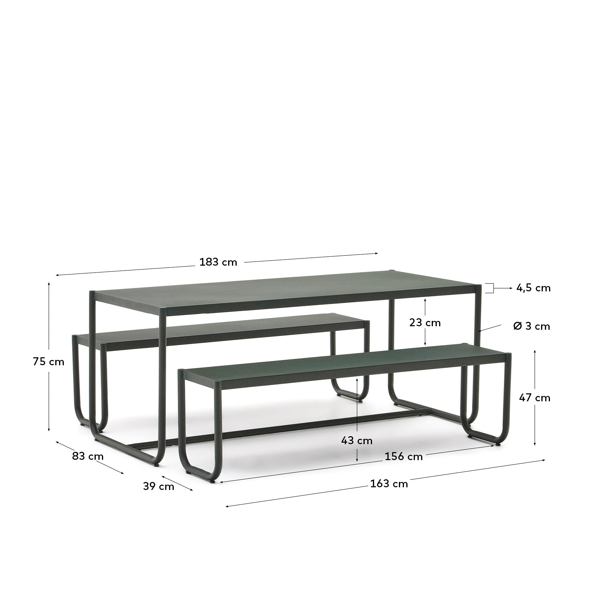 Entdecken Sie das stilvolle Sotil Set von Kave Home: 2 Bänke und ein Tisch aus langlebigem verzinktem Stahl mit grünem Finish, ideal für Ihren Garten.