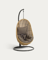 Cira hanging chair with a natural finish and a dark gray base