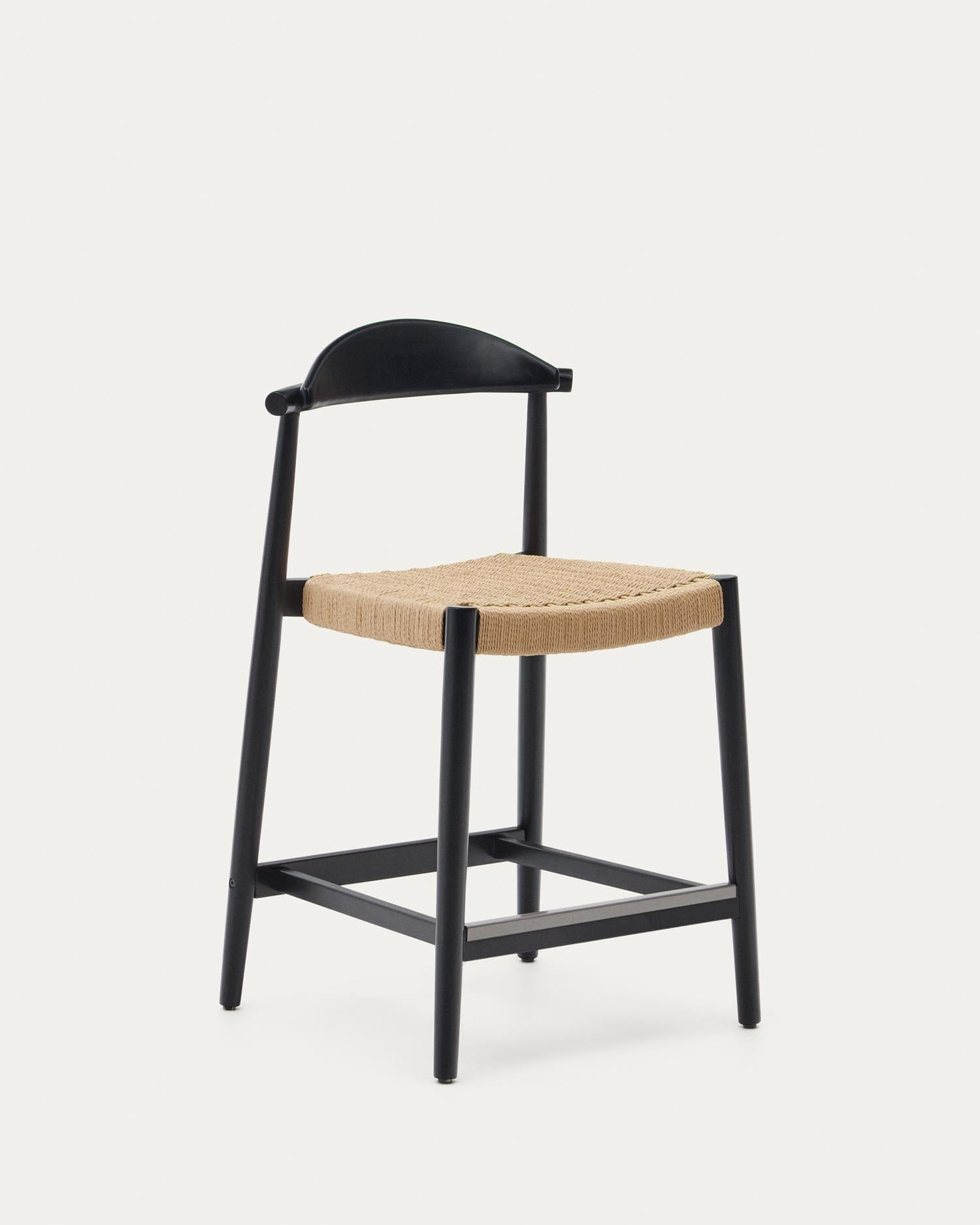 Nina stool made of solid acacia wood, black finish and beige rope, height 62 cm, FSC 100%