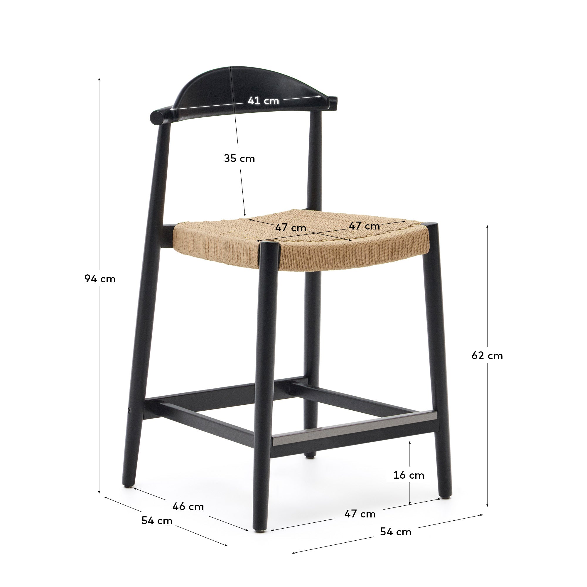 Erleben Sie den Nina Hocker von Kave Home: Robustes Akazienholz, stilvolles schwarzes Finish und bequeme, beige Seilbespannung – perfekt für jeden Außenbereich.