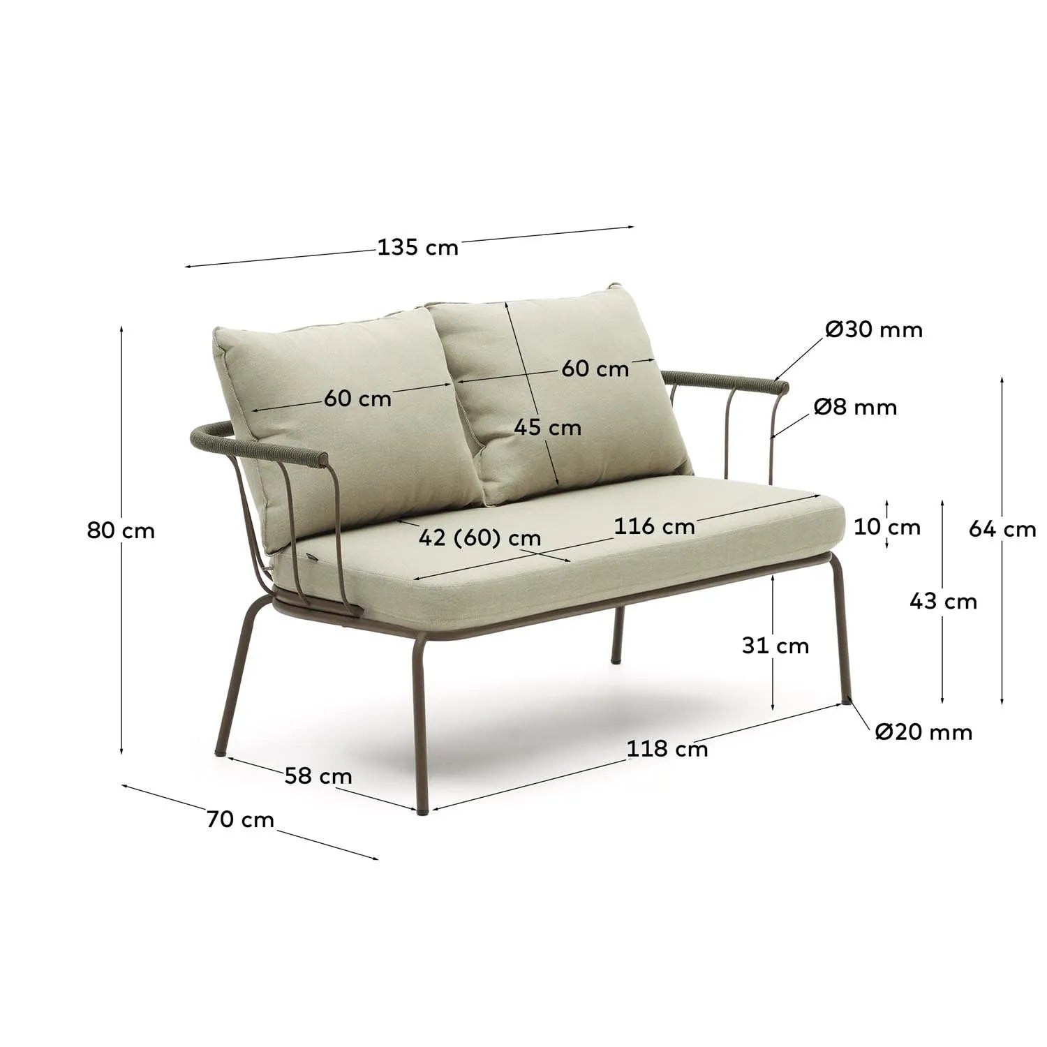 Stilvolles 2-Sitzer-Sofa aus grünem Seil & braunem Stahl, 134 cm.