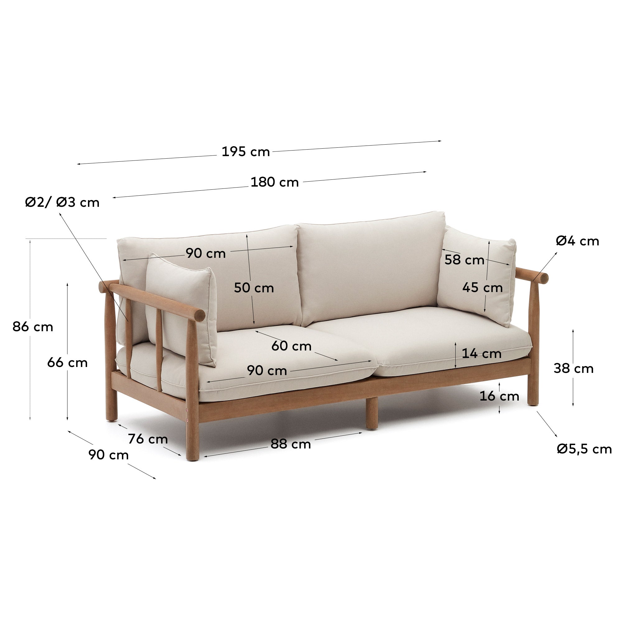 Das Sacova 2-Sitzer-Sofa aus FSC-zertifiziertem Eukalyptusholz vereint modernes Design mit umweltfreundlicher Eleganz.