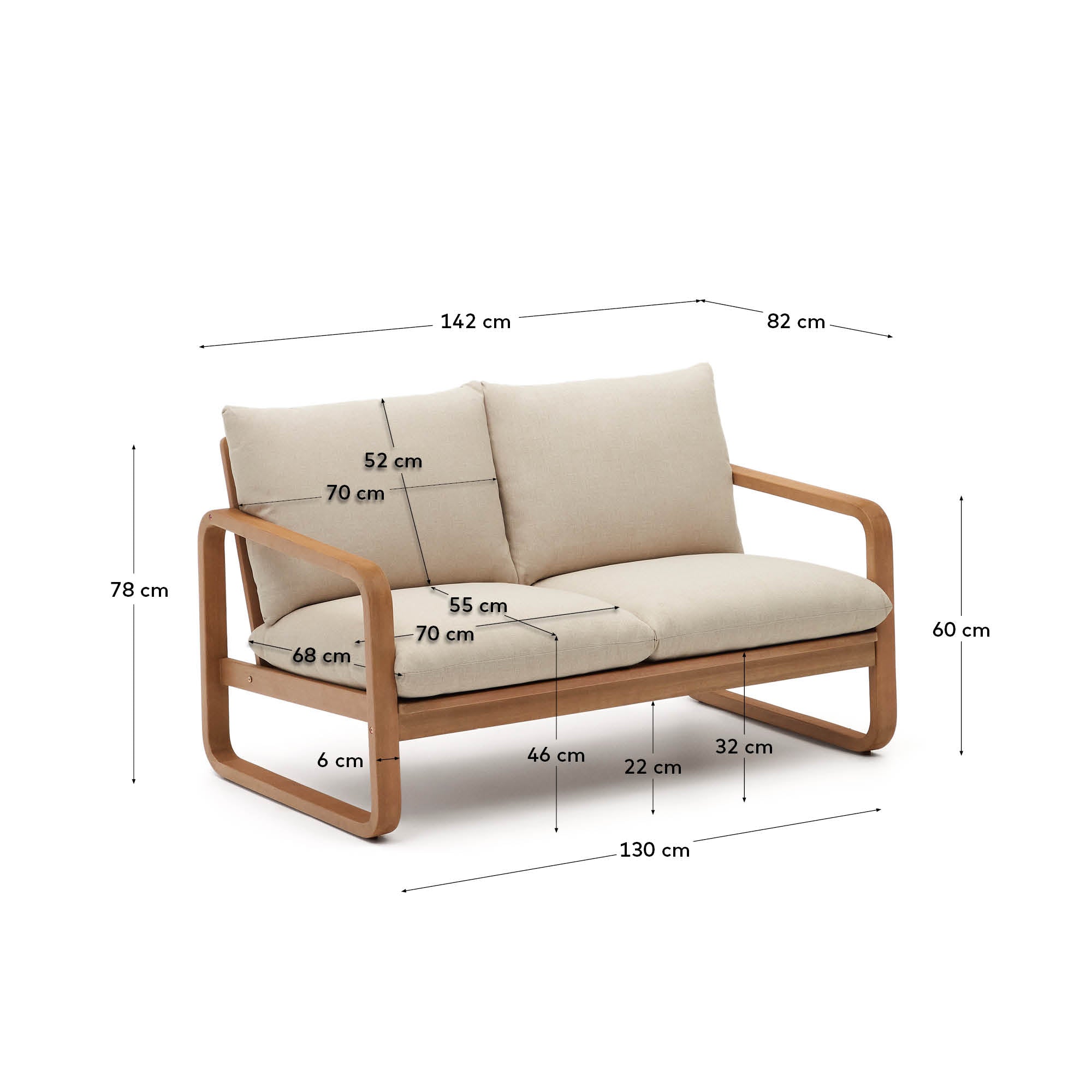 Das Sacaleta 2-Sitzer-Sofa aus FSC-zertifiziertem Eukalyptusholz bietet stilvolle Nachhaltigkeit und zeitgemäßen Komfort.