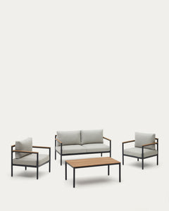 <tc>Aiguafreda</tc> Set composto da divano a 2 posti, 2 poltrone e tavolino, alluminio grigio, legno massello di acacia, certificato FSC 100%.